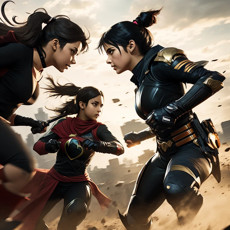 Two girls as superheroes in a fighting scene, GENRE: Concept Art by Artist: (ASHLEY WOOD) , BENEDICK BANA,