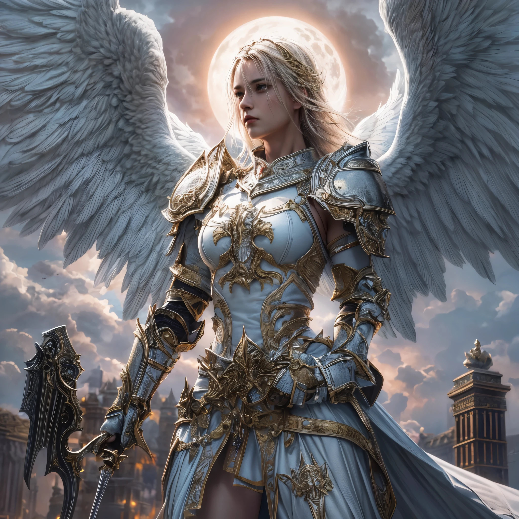 16K, ultra detailed, masterpiece, best quality, (extremely detailed), arafed, dnd art, portrait, full body, aasimar, female, (Masterpiece 1.3, intense details), female, paladin, holy warrior fighting undead (Masterpiece 1.3, intense details) large angelic wings, white angelic wings spread (Masterpiece 1.3, intense details), dark fantasy cemetery background, moon light, moon, stars, clouds, wearing white armor (Masterpiece 1.3, intense details), holy symbol, armed with sword, short blond hair, masculine, detailed face, (Masterpiece 1.5, best quality), anatomically correct (Masterpiece 1.3, intense details), determined face, god rays, cinematic lighting, glowing light, silhouette, from outside, photorealism, panoramic view  (Masterpiece 1.3, intense details) , Wide-Angle, Ultra-Wide Angle, 8k, highres, best quality, high details