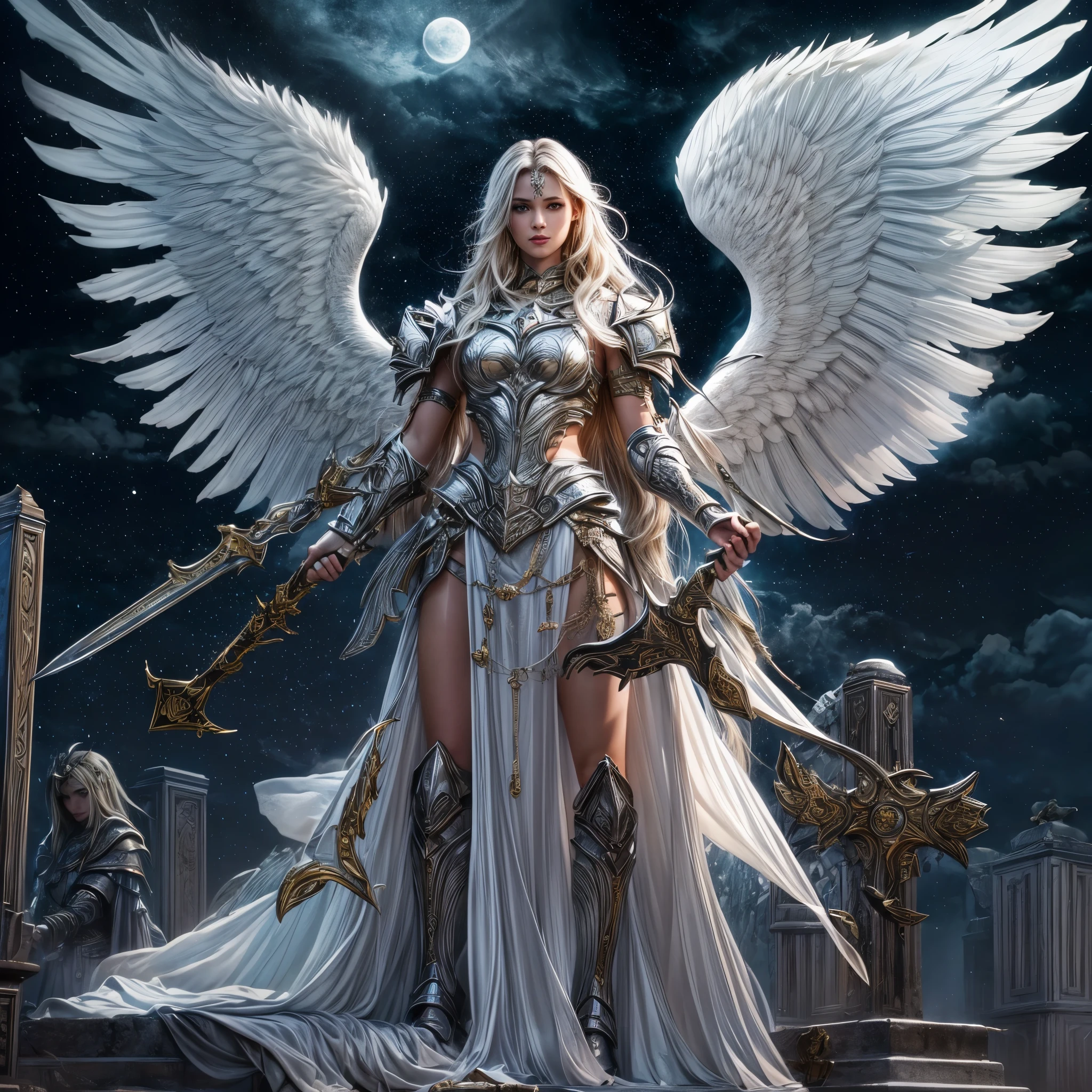 16K, ultra detailed, masterpiece, best quality, (extremely detailed), arafed, dnd art, portrait, full body, aasimar, female, (Masterpiece 1.3, intense details), female, paladin, holy warrior fighting undead (Masterpiece 1.3, intense details) large angelic wings, white angelic wings spread (Masterpiece 1.3, intense details), dark fantasy cemetery background, moon light, moon, stars, clouds, wearing white armor (Masterpiece 1.3, intense details), holy symbol, armed with sword, short blond hair, masculine, detailed face, (Masterpiece 1.5, best quality), anatomically correct (Masterpiece 1.3, intense details), determined face, god rays, cinematic lighting, glowing light, silhouette, from outside, photorealism, panoramic view  (Masterpiece 1.3, intense details) , Wide-Angle, Ultra-Wide Angle, 8k, highres, best quality, high details