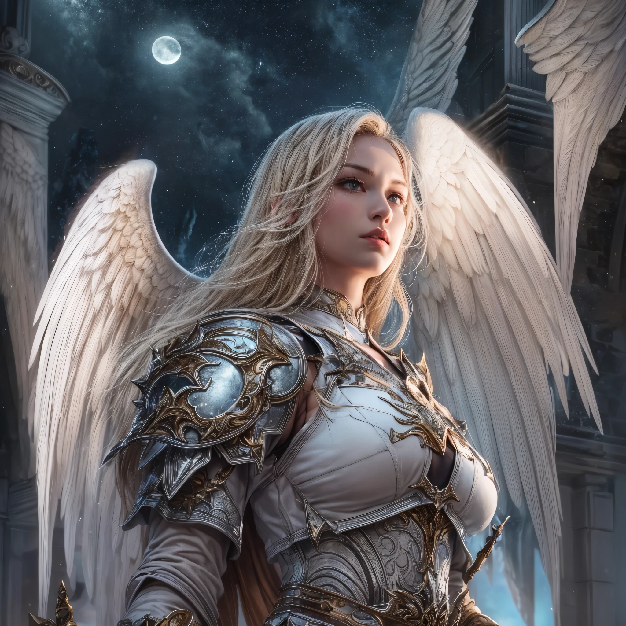 16K, ultra detailed, masterpiece, best quality, (extremely detailed), arafed, dnd art, portrait, full body, aasimar, female, (Masterpiece 1.3, intense details), female, paladin, holy warrior fighting undead (Masterpiece 1.3, intense details) large angelic wings, white angelic wings spread (Masterpiece 1.3, intense details), dark fantasy cemetery background, moon light, moon, stars, clouds, wearing white armor (Masterpiece 1.3, intense details), holy symbol, armed with sword, short blond hair, masculine, detailed face, (Masterpiece 1.5, best quality), anatomically correct (Masterpiece 1.3, intense details), determined face, god rays, cinematic lighting, glowing light, silhouette, from outside, photorealism, panoramic view  (Masterpiece 1.3, intense details) , Wide-Angle, Ultra-Wide Angle, 8k, highres, best quality, high details