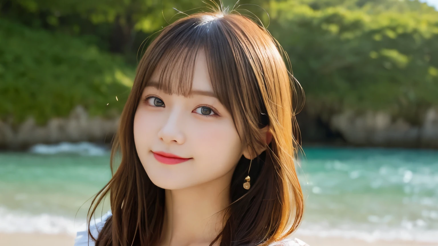 muste piece, best quality, illustration, Super detailed, fine details, High resolution, 8K Dende Wallpaper, perfect dynamic composition, beautiful detailed eyes, she is wearing a dress,medium hair,natural color lip, shy smile、20 year old girl、There is only one person, don't tilt your head、correct posture、stretch your back、Never show your hands、stand up straight、looking at camera、C cup breasts、golden hair、I won't touch you、Blurred private beach background