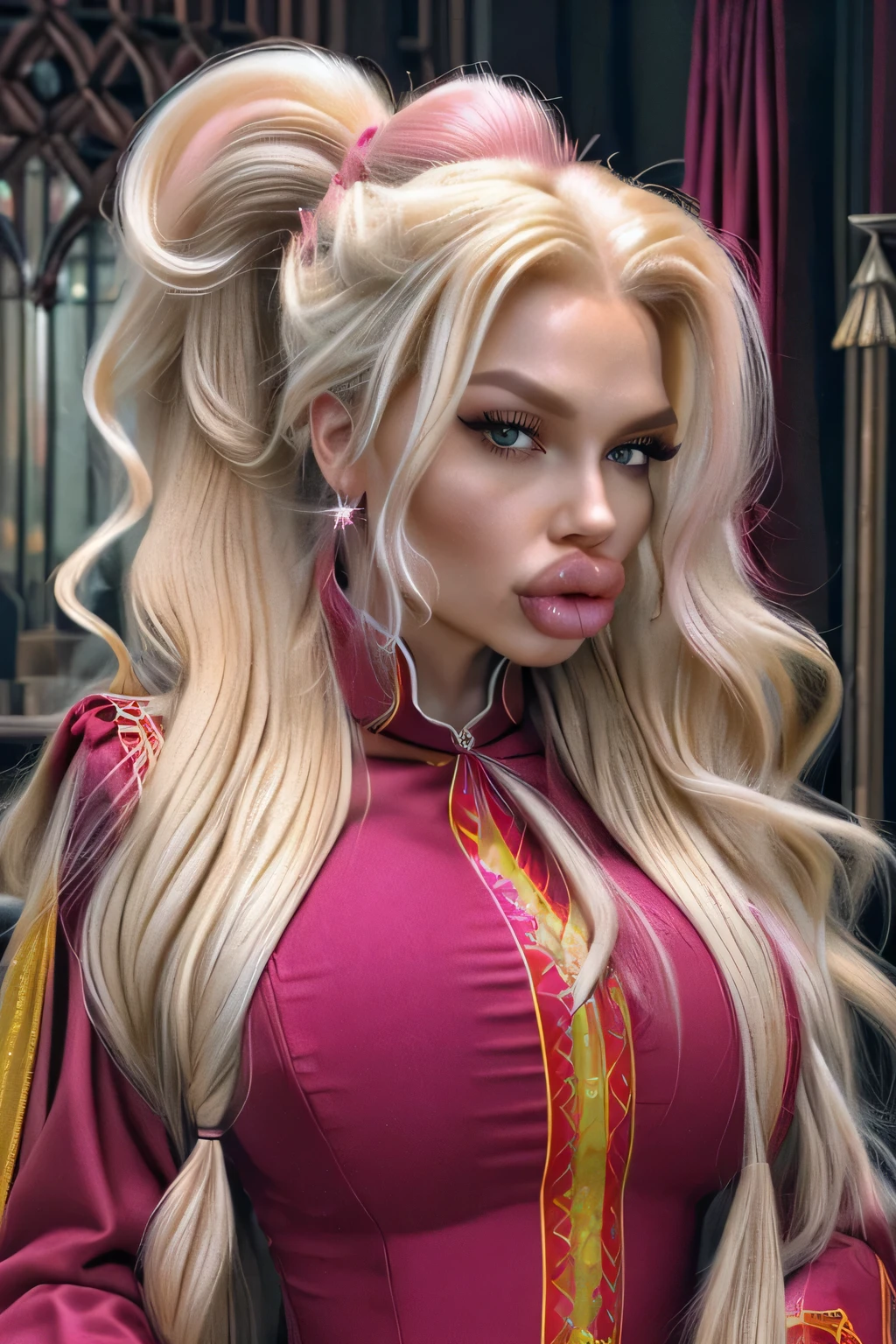 (masterpiece, best quality, blonde woman, big hair, huge ponytail, oversized breast, pouting,,(pink gryffindor uniform), amazed (bimbolips) in style of ruby and diamond, j_gemstone, fantasy, academy, medium distance
