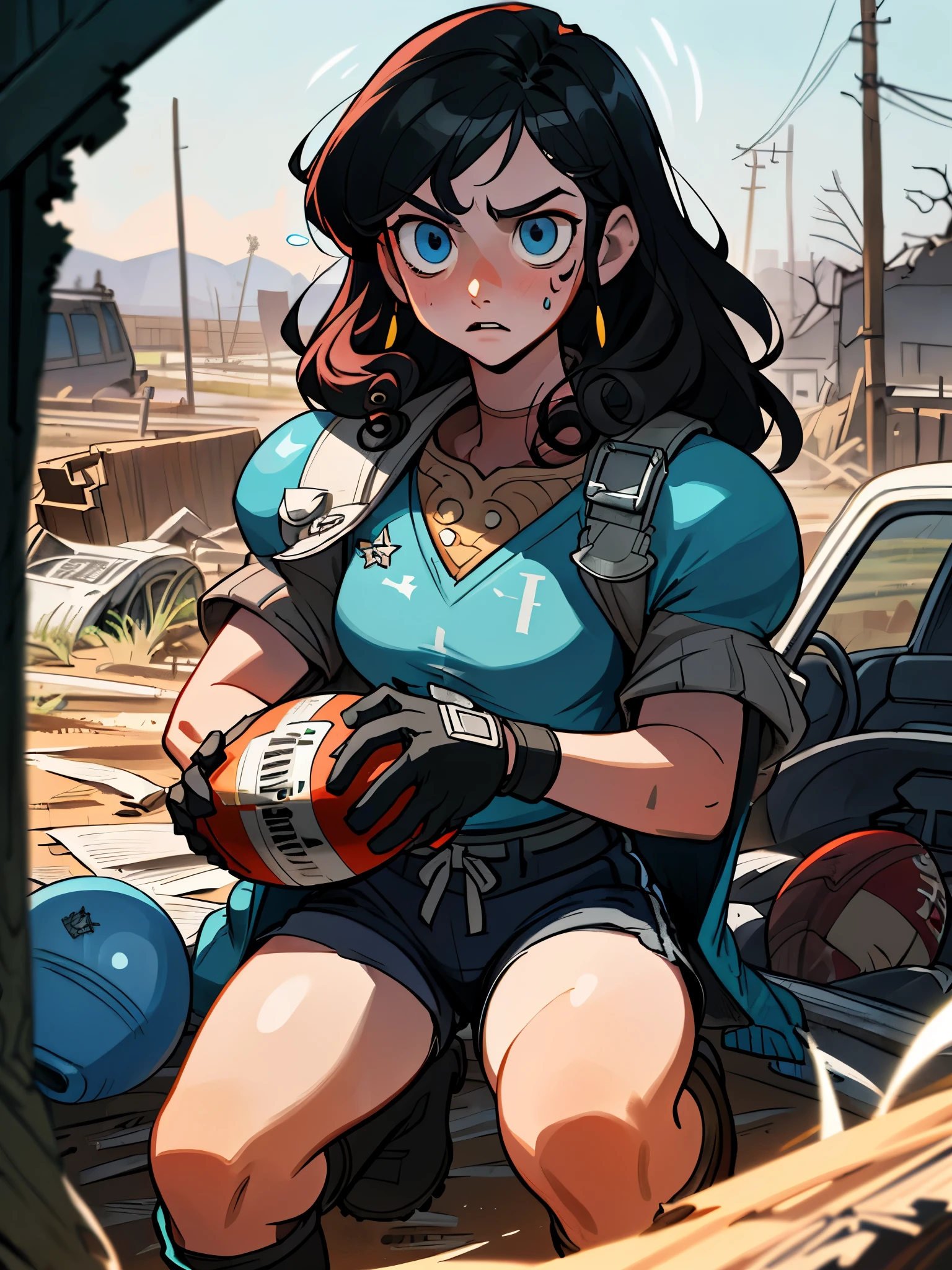 Jarl Shelbia(beautiful and bold、mesmerizing and seductive、blue eyes、Pointed chest、long black curly hair、sweaty body、cardigan、shorts、boots、short glove、Thick legs)。(deserted road、dirt road、smokes、abandoned car、newspaper、abandoned objects、body lying on the ground、abandoned road、apocalyptic landscape、Effect)、(top quality、Masterpiece、depth of field、Full HD、4k、Rich in details)。portrait style、Fist of the North Star、scream、(((American football protectors on shoulders)))、possessing weapons