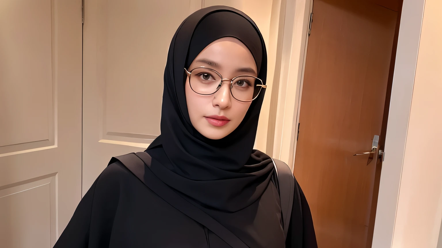 araffe wearing a black top and glasses posing for a picture, pale-skinned persian girl, with glasses, bokeh in the background only, beautiful iranian woman, with a tree in the background, very very low quality picture, 8k selfie photograph, in front of a forest background, soft portrait shot 8 k, 🤤 girl portrait, profile portrait