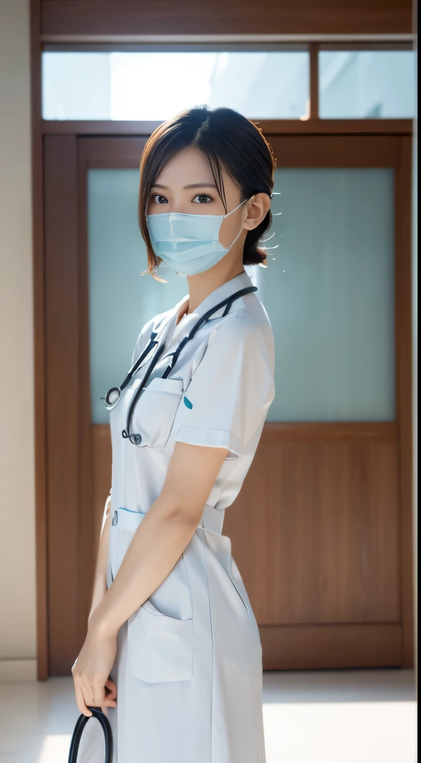 Photorealistic beautiful nurse、amazingly beautiful、((nurse uniform、nurse cap))、(highest quality、8k、32K、masterpiece、nffsw:1.3)、ultra high resolution,(Photoreal:1.4),RAW photo, detailed face,,beautiful hair,medical mask、 (((white mask))),very short hair 、nipple、 natural makeup,, small perfect breasts、(walk through the hospital lobby), detailed background, perfect lighting, Depth of written boundary, beautiful shadow gradation,((doctor stethoscope)) ,、thin limbs、thin thighs、(whole body)、backwards、