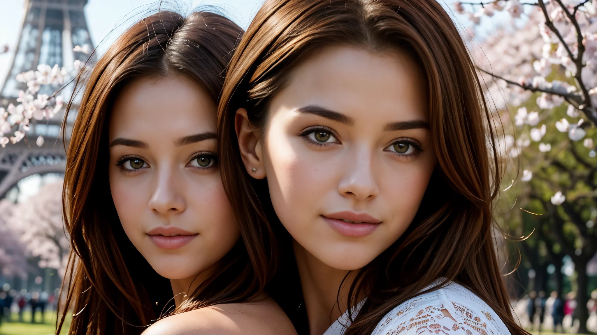 masterpiece, Best Quality, Photorealistic, Ultra-detailed, finely detailed, High resolution, 8K Wallpaper, 1 beautiful woman, light brown hair, sharp focus, Perfect dynamic composition, Beautiful detailed eyes, detailed hairs, Detailed realistic skin texture, Smiling, portrait, Model body type, Take a walk in the park with cherry blossoms and Eiffel Tower background,