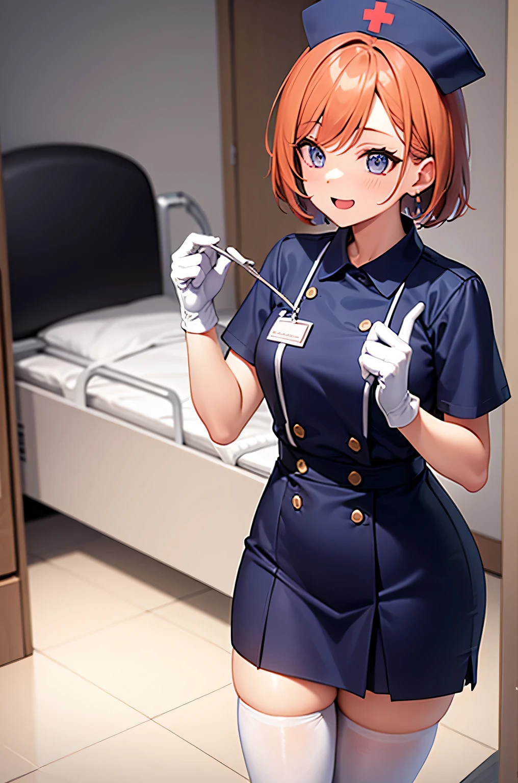 1 girl, alone, nurse, nurse cap, white clothes, ((white legwear, zettai ryouiki)), white gloves, very short hair, orange hair, smile, open your mouth, Are standing, ((hospital room)), sharp outline, short sleeve, Tomboy, boyish, highest quality, masterpiece