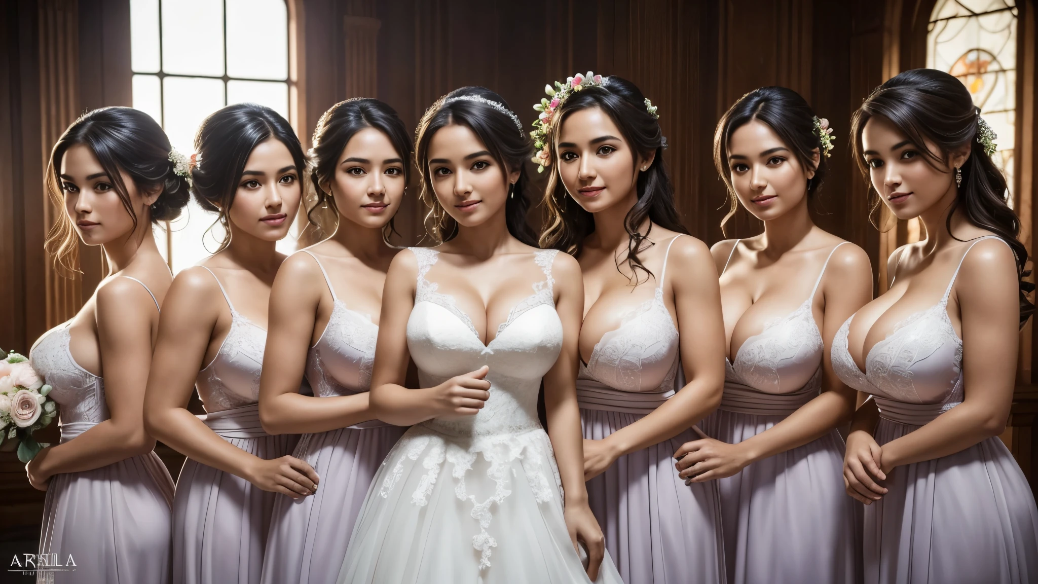 Isabela Merced in a mini wedding dress, a flower in the hair, kissing the bridesmaids:1.3, smiling, (big breasts:1.5), Real Life, full bodyshot, Ultra Realistic, Photorealism, Photography, 8K UHD, Photo, HDR, Complex and Elegant, Highly Detailed, Sharp Focus, Stunning, Beautiful, Best Quality 1:1, Ultra Detail: 1.2, Best Shadows, 8k: 1.1), (beautiful detailed face), high contrast, (perfect lighting: 1.2), (cinematic light)), colorful, hyper-detail, dramatic light, intricate detail, photograph by arny freytag