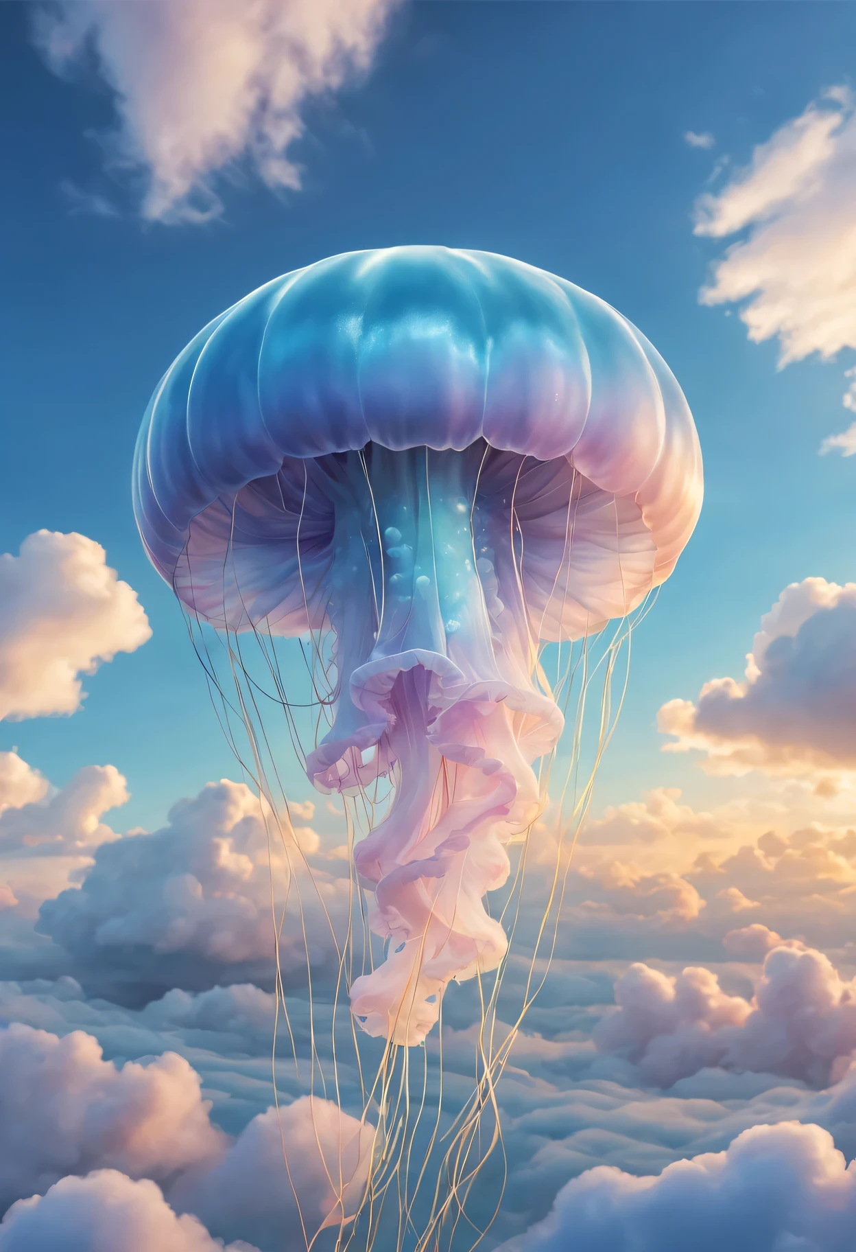 (best quality,4k,high resolution,masterpiece:1.2),Super detailed,actual:1.37,Impressive cloud formation,Elegant jellyfish shape,soft fluffy clouds,floating in the sky,dreamy atmosphere,Seamlessly integrate with the blue sky,Gorgeous pastel shades,Subtle shadows and highlights,Charming cloud pattern,soft natural light,surrounded by golden sunshine,Create a sense of peace and quiet
