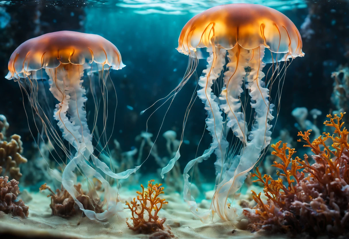 (a looking through the glass of an aquarium at some jellyfish),glass reflection,elegant aquarium tank,beautifully lit scene,colorful jellyfish floating gracefully,mesmerizing movement underwater,vibrant underwater world,sparkling water,curious 's expression,amazing marine creatures,delicate tentacles,translucent bodies,spectral lighting,shimmering colors,ethereal atmosphere,underwater tranquility,immersive aquatic experience,jellyfish pulsing and drifting,magical underwater encounter,serene and captivating scene,(best quality,4k,8k,highres,masterpiece:1.2),ultra-detailed,realistic:1.37,HDR effect,vivid and lifelike colors,soft and gentle glow,calming ambiance