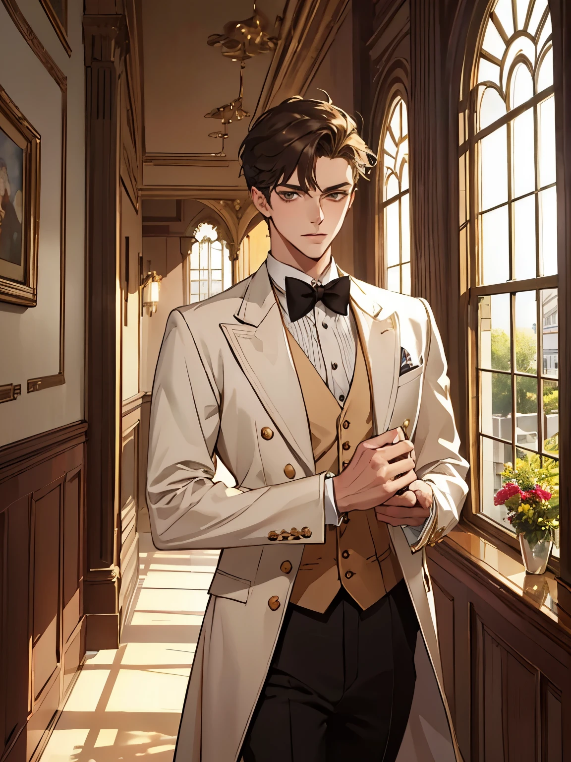 Best, high quality, masterpiece, eye detail, handsome, good looking, butler, hallway window, cleaning, aristocratic home, masterpiece, best quality, aesthetic, animation,Busty,man about 30's