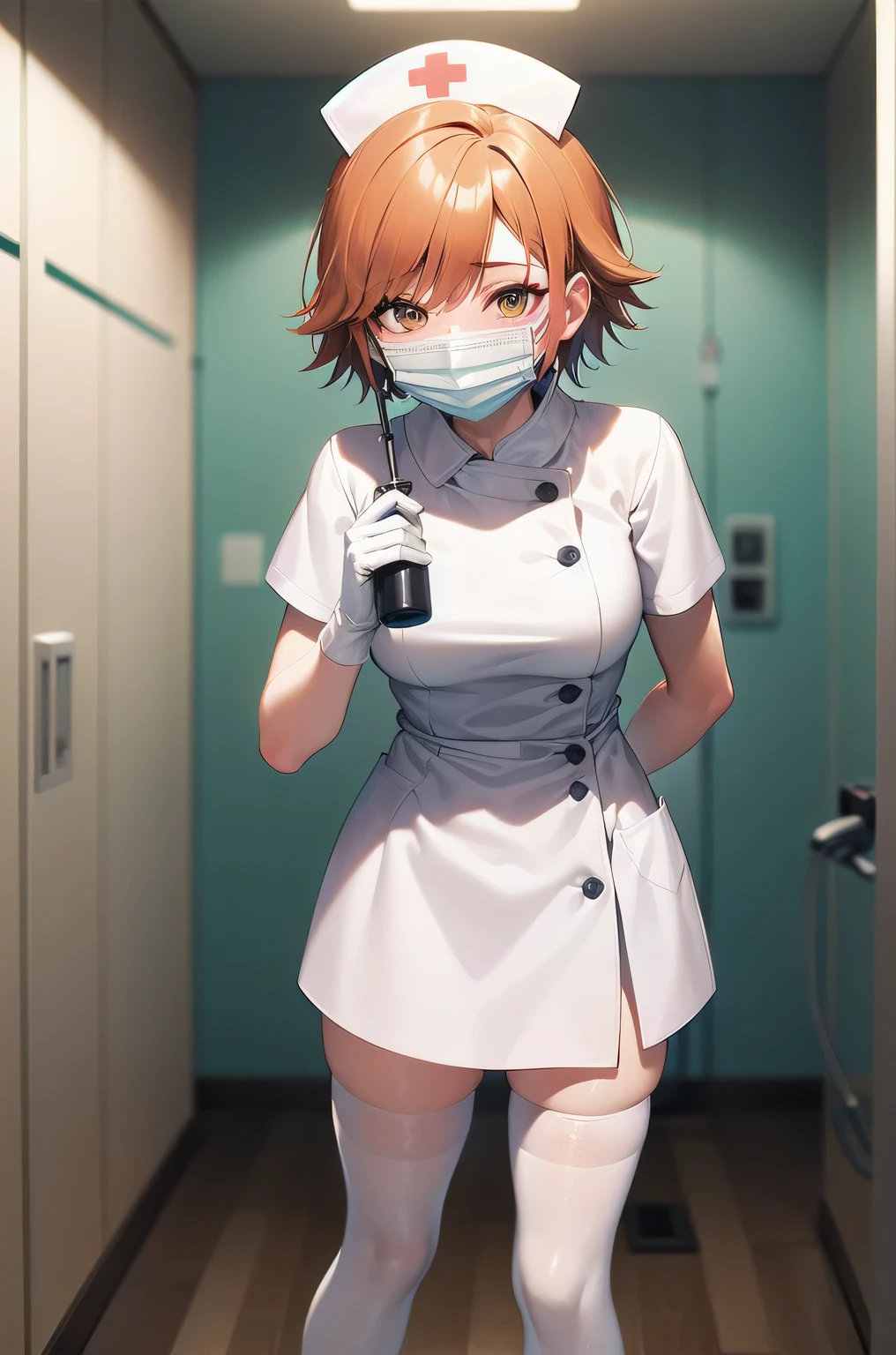 1 girl, alone, nurse, nurse cap, white clothes, ((white legwear, zettai ryouiki)), white gloves, very short hair, orange hair, ((white surgical mask, covered nose)), Are standing, ((hospital room)), sharp outline, short sleeve, Tomboy, boyish, highest quality, masterpiece