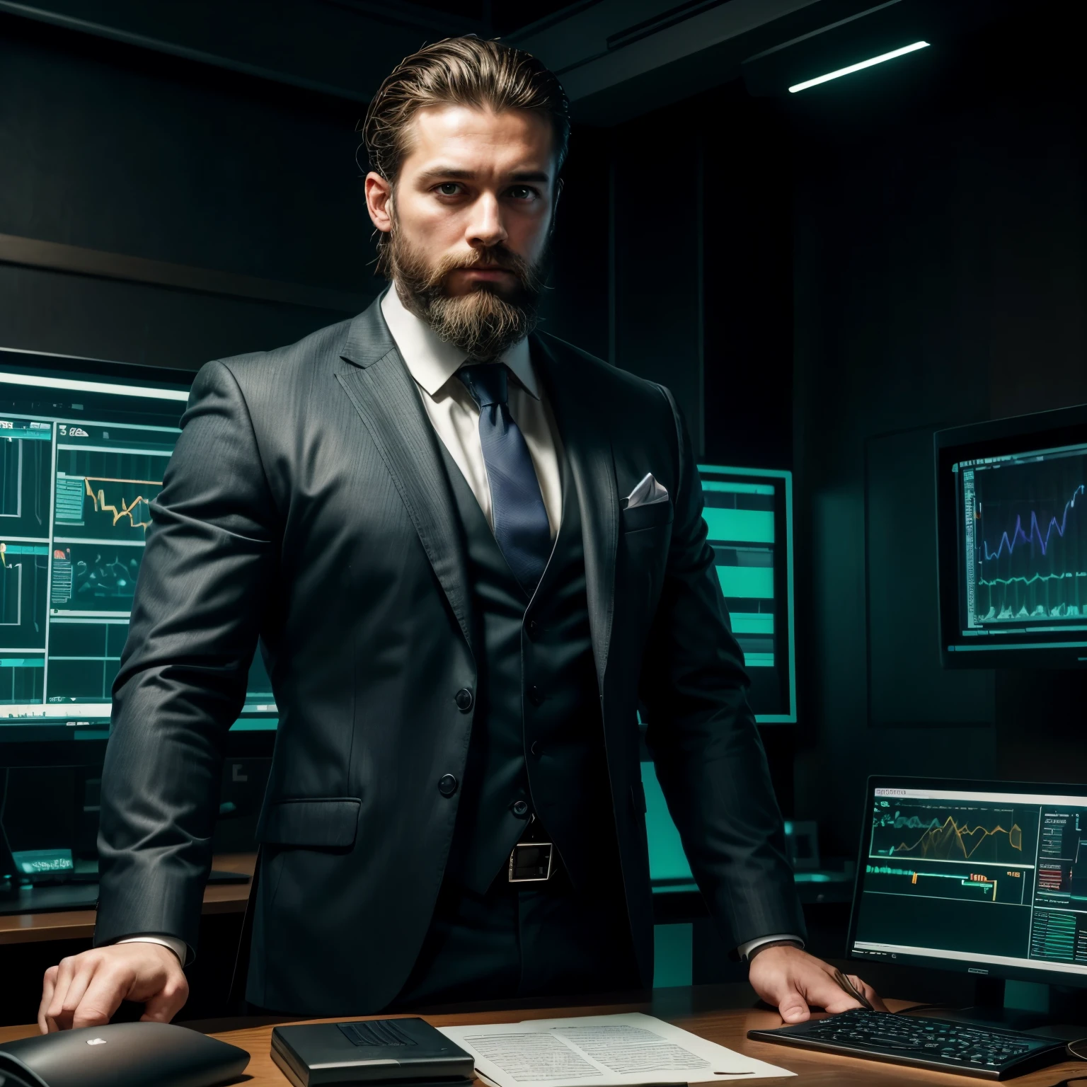 (best quality,4k,8k,highres,masterpiece:1.2),ultra-detailed,(realistic,photorealistic,photo-realistic:1.37),man in his 30s,crypto currency enthusiast,crypto mining expert,American man with white appearance,sharp facial features,charismatic expression,piercing blue eyes,detailed beard and mustache,attentively looking at the camera,bespoke suit with a neatly tied tie,engrossed in his work,high-tech computer setup with multiple monitors,advanced mining equipment,stacks of golden Bitcoins symbolizing wealth and success,vibrant green binary code streaming around him,modern office with sleek furniture and glass walls,up-to-date trending news about cryptocurrencies displayed on screens,wall decorated with inspirational quotes about blockchain technology,glowing neon sign saying "Crypto Master" hanging above his desk,Renaissance-style oil painting in the background highlighting his passion for art and culture,vivid colors to enhance the overall visual impact of the image,subtle warm color tone to create a welcoming and inviting atmosphere,natural daylight streaming through the windows,casting a soft glow on the scene.