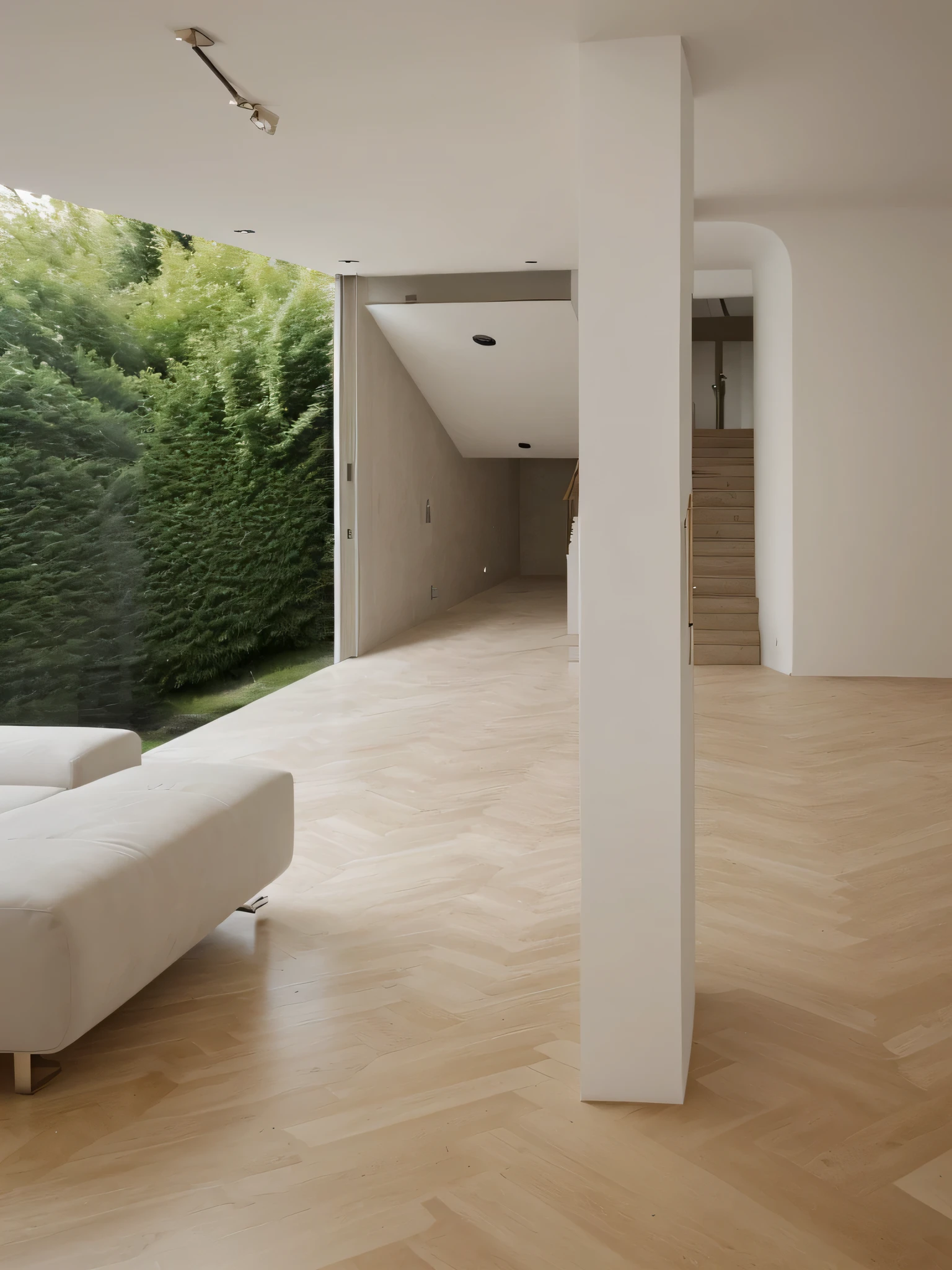 una sala de estar moderna de estilo europeo, add additional details and more light