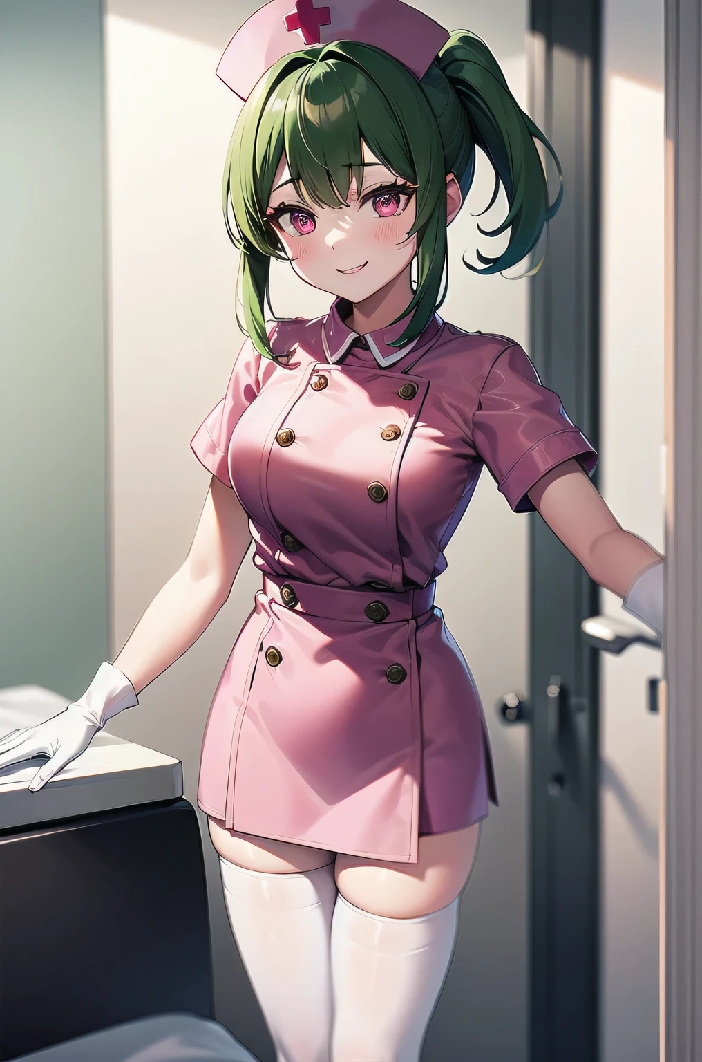 (masterpiece, best quality, detailed), 1girl, solo, looking at viewer, YamamotoAkira, grey hair, short hair, red eyes, ahoge,
nurse, nurse uniform, white thighhighs, nurse cap, pink dress, <lora:infirmary_v0.1:1>, infirmary, curtains, hospital bed, claw pose, seductive smile, smile, closed mouth, blush