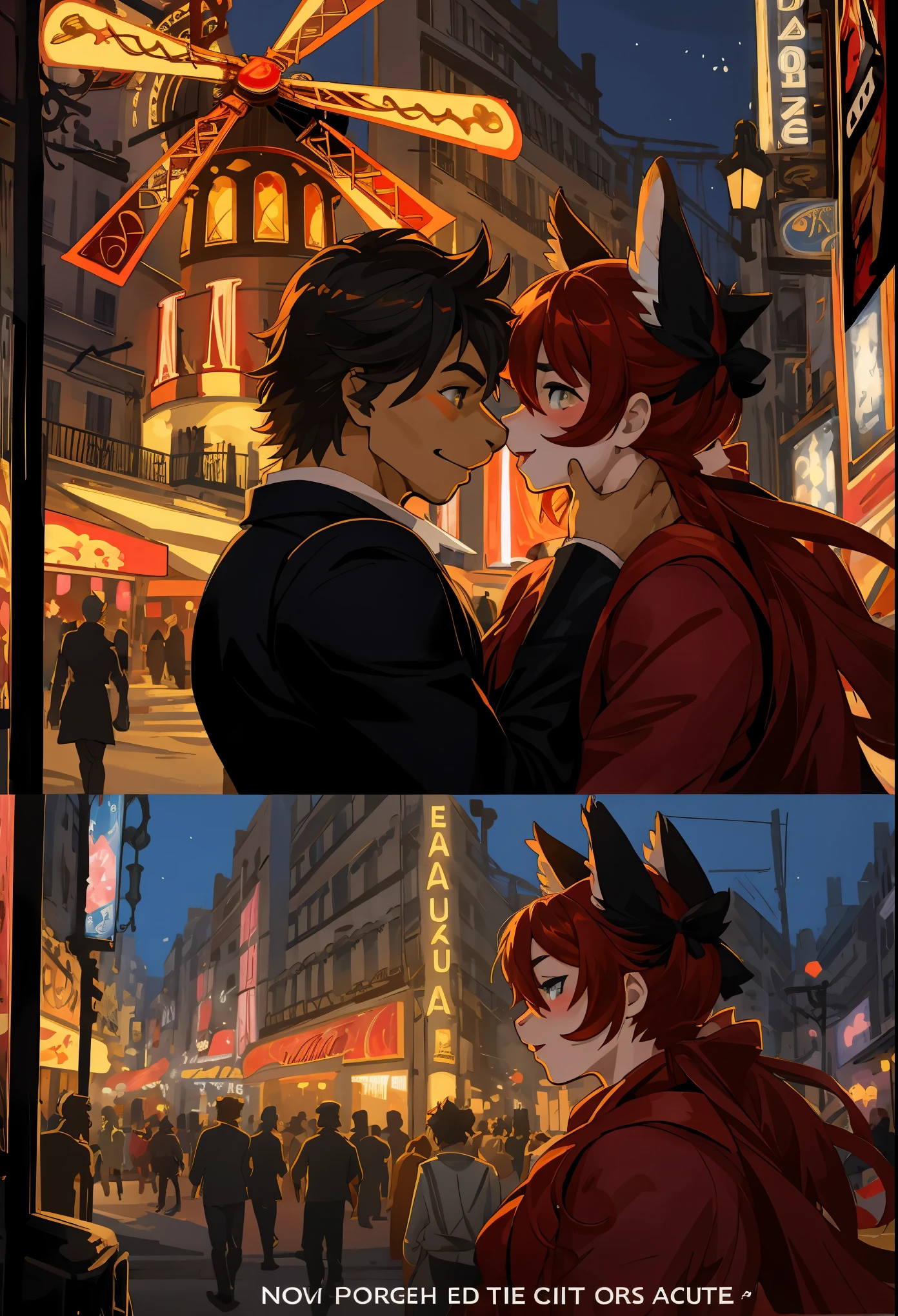 top quality, highres, High-quality illustrations, unparalleled masterpiece, arafed image of a couple in a city street at night(furry, anthro, kemono, couple, pair, 1girl, 1boy, close-up)moulin rouge, moulin rouge, movie artwork, concept art of love, movie art, movie poster painting, bestselling movie art poster, romance novel cover, martin ansin, inspired by Vincent Lefevre, belle epoque, romanticis, raphaël, cinematic lighting,