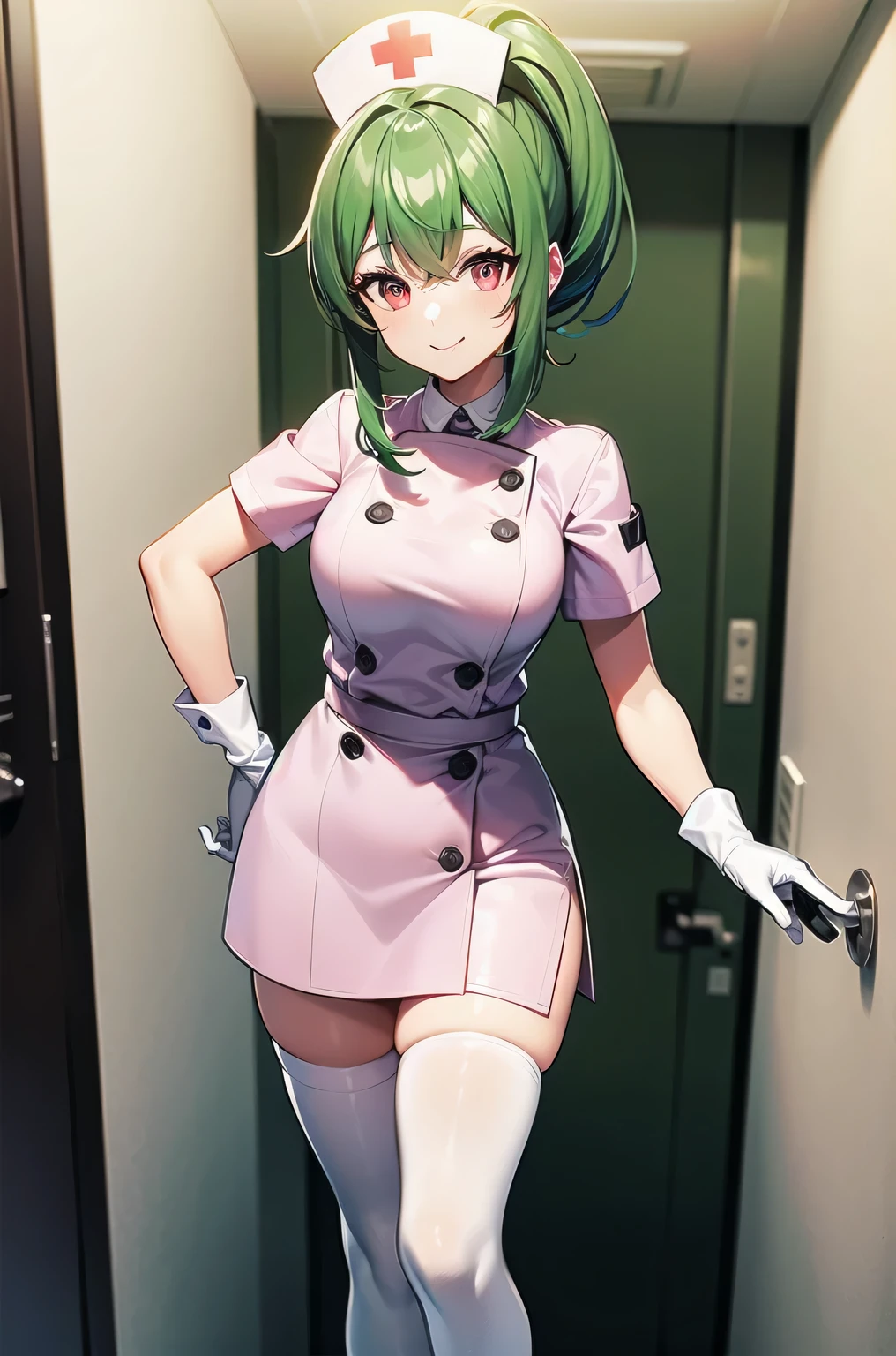1 girl, alone, nurse, nurse cap, white clothes, ((white legwear, zettai ryouiki)), white gloves, ponytail, green hair, pink eyes, smile, Are standing, ((hospital room)), sharp outline, short sleeve, highest quality, masterpiece
