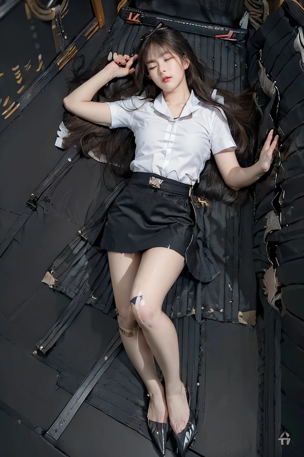 1 woman, ((Thai university uniform:1.6)), shiny skin, detailed hair, detailed face, detailed eyes, long hair, ((natural bangs)), beautiful body, normal breasts, beautiful thighs, beautiful legs, camel toe, ((detailed cloth texture, button down white shirt, belt, (black business style tight skirt), short skirt:1.3, (torn skirt:1.6), high heel shoes)), white panties, ((eyes closed:1.6)), (sleeping), (lying:1.7), right hand at waist, left hand at hip, on the floor, storeroom, ((unconsciousness:1.7)), (raped), painful, tattered, tear, (8k, top quality, masterpiece:1.2, extremely detailed), (realistic, photorealistic:1.4), beautiful illustration, dim room lighting,