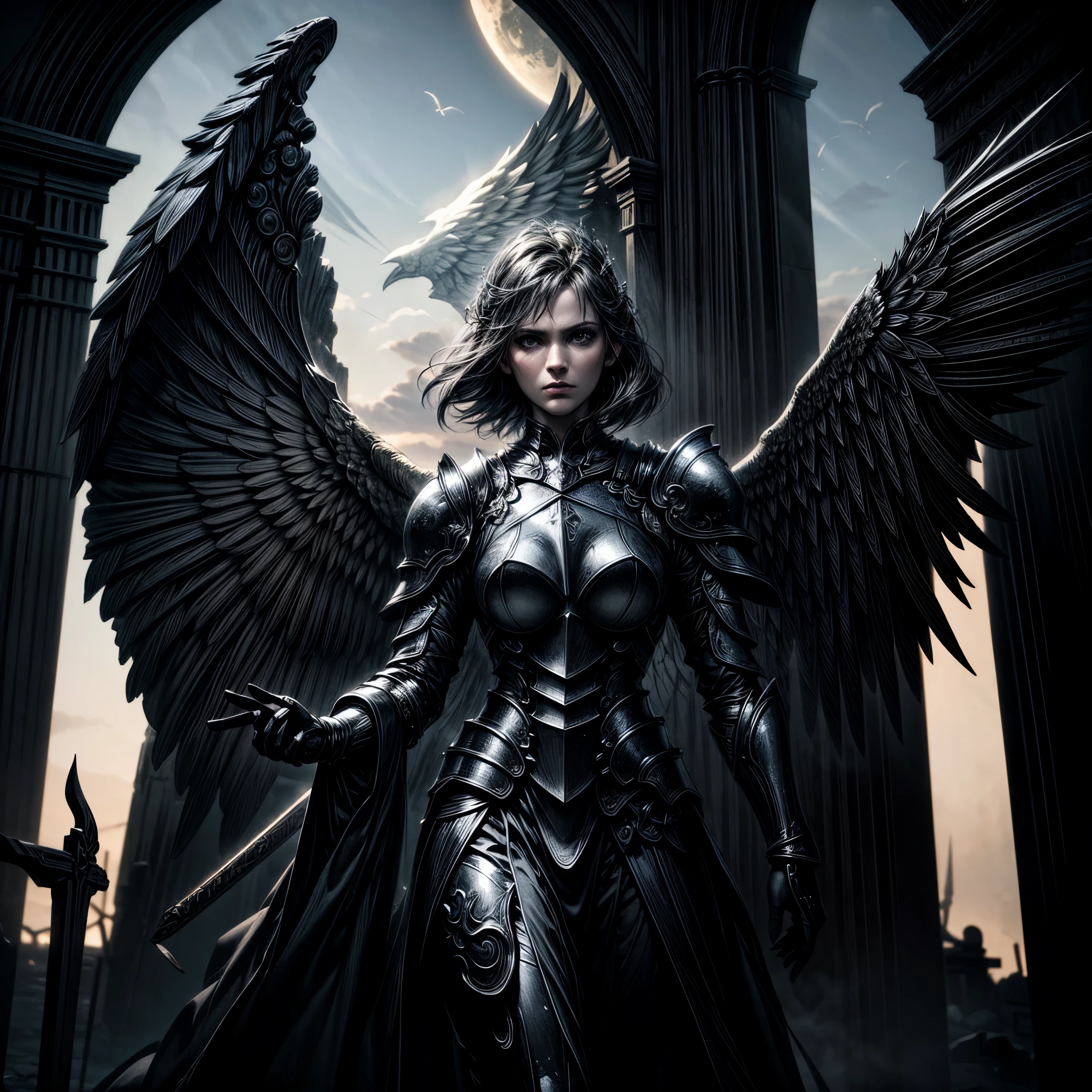 16K, ultra detailed, masterpiece, best quality, (extremely detailed), arafed, dnd art, portrait, full body, aasimar, female, (Masterpiece 1.3, intense details), female, paladin, holy warrior fighting undead (Masterpiece 1.3, intense details) large angelic wings, white angelic wings spread (Masterpiece 1.3, intense details), dark fantasy cemetery background, moon light, moon, stars, clouds, wearing white armor (Masterpiece 1.3, intense details), holy symbol, armed with sword, short blond hair, masculine, detailed face, (Masterpiece 1.5, best quality), anatomically correct (Masterpiece 1.3, intense details), angel_wings, determined face, god rays, cinematic lighting, glowing light, silhouette, from outside, photorealism, panoramic view  (Masterpiece 1.3, intense details) , Wide-Angle, Ultra-Wide Angle, 8k, highres, best quality, high details