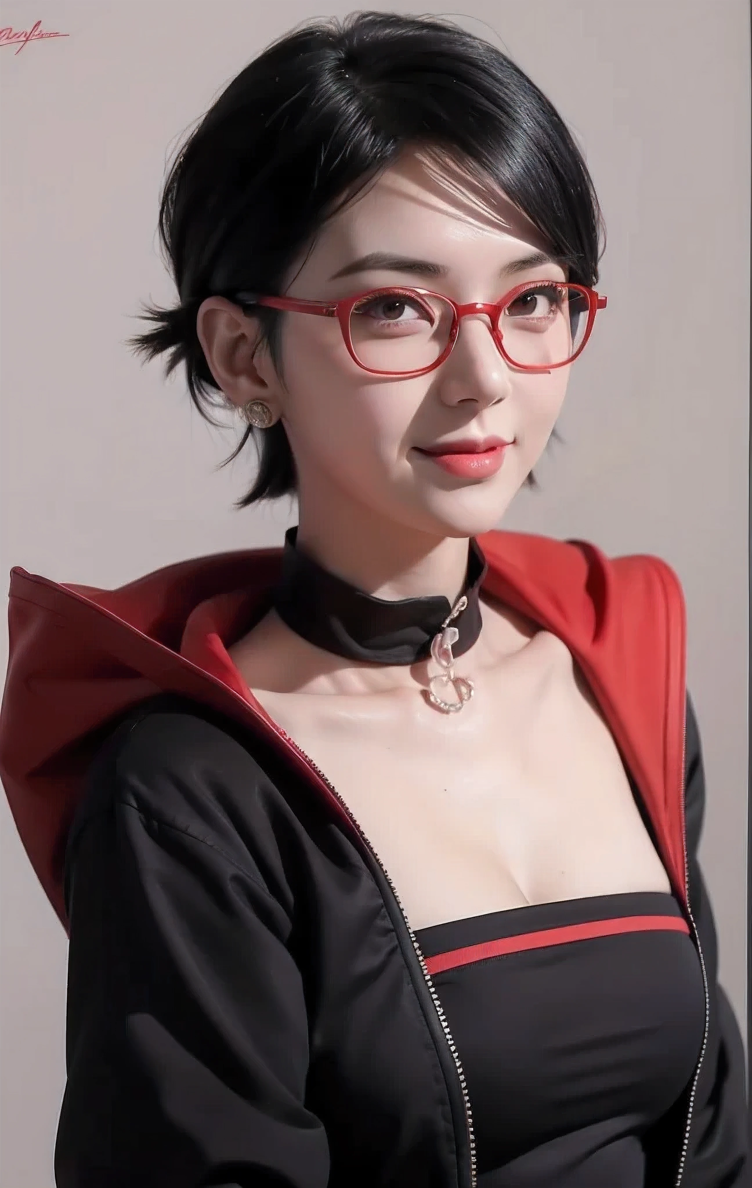 1 girl, sarada uchiha in anime boruto, short hair, black hair, red eyes, smile, beautiful, sexy dress, sexy clothes, Red clothes, wear red glasses, very big breasts, realistic clothes, Clothes details, outdoor background, Super detailed, realistic