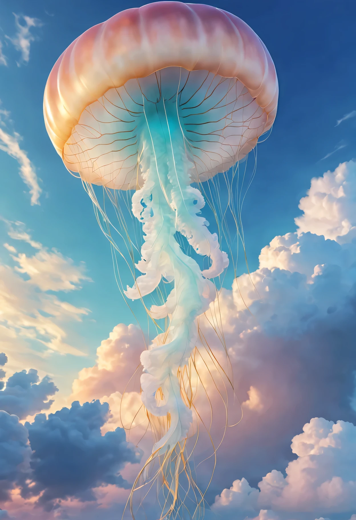 (best quality,4k,high resolution,masterpiece:1.2),Super detailed,actual:1.37,Impressive cloud formation,Elegant jellyfish shape,soft fluffy clouds,floating in the sky,dreamy atmosphere,Seamlessly integrate with the blue sky,Gorgeous pastel shades,Subtle shadows and highlights,Charming cloud pattern,soft natural light,surrounded by golden sunshine,Create a sense of peace and quiet