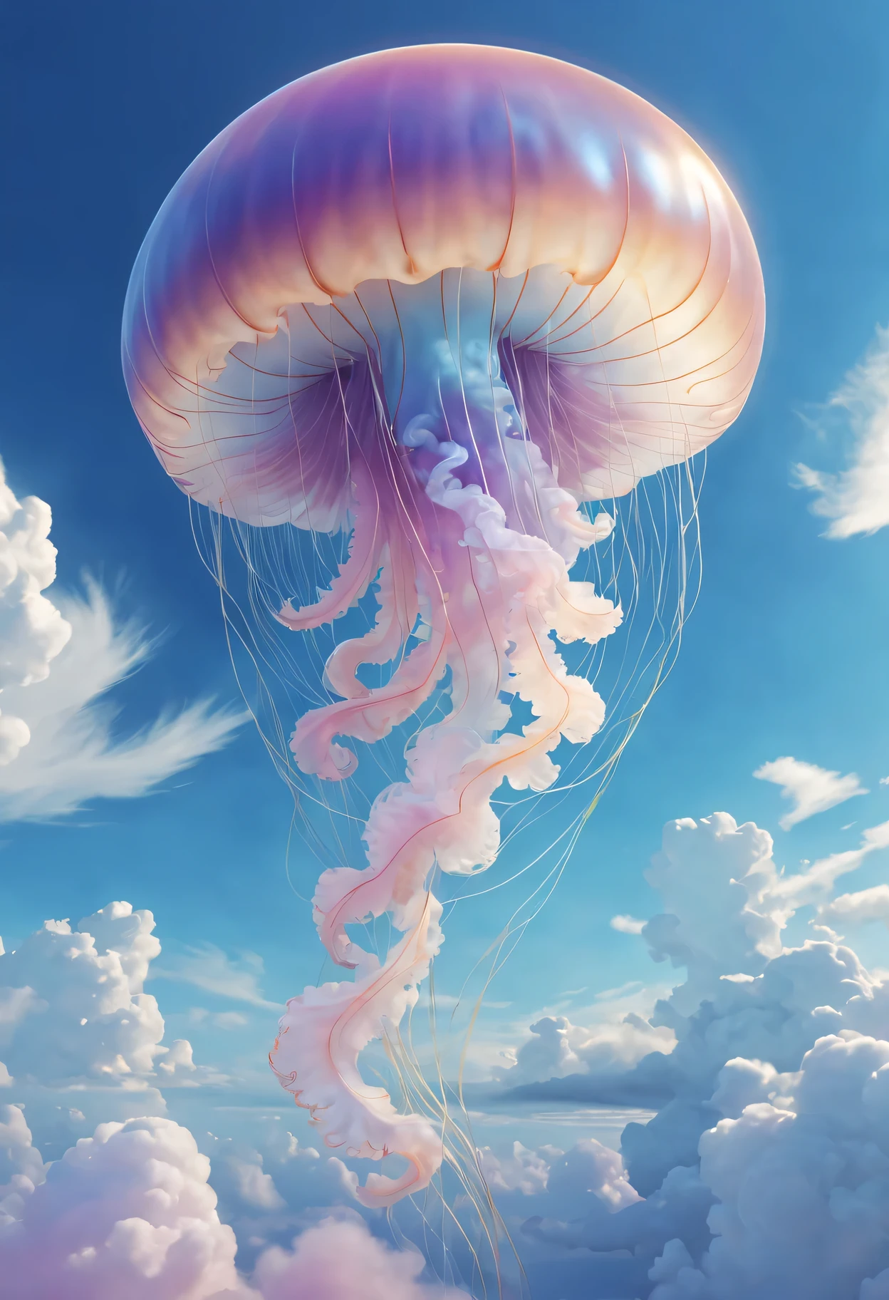 (best quality,4k,high resolution,masterpiece:1.2),Super detailed,actual:1.37,Impressive cloud formation,Elegant jellyfish shape,soft fluffy clouds,floating in the sky,dreamy atmosphere,Seamlessly integrate with the blue sky,Gorgeous pastel shades,Subtle shadows and highlights,Charming cloud pattern,soft natural light,surrounded by golden sunshine,Create a sense of peace and quiet