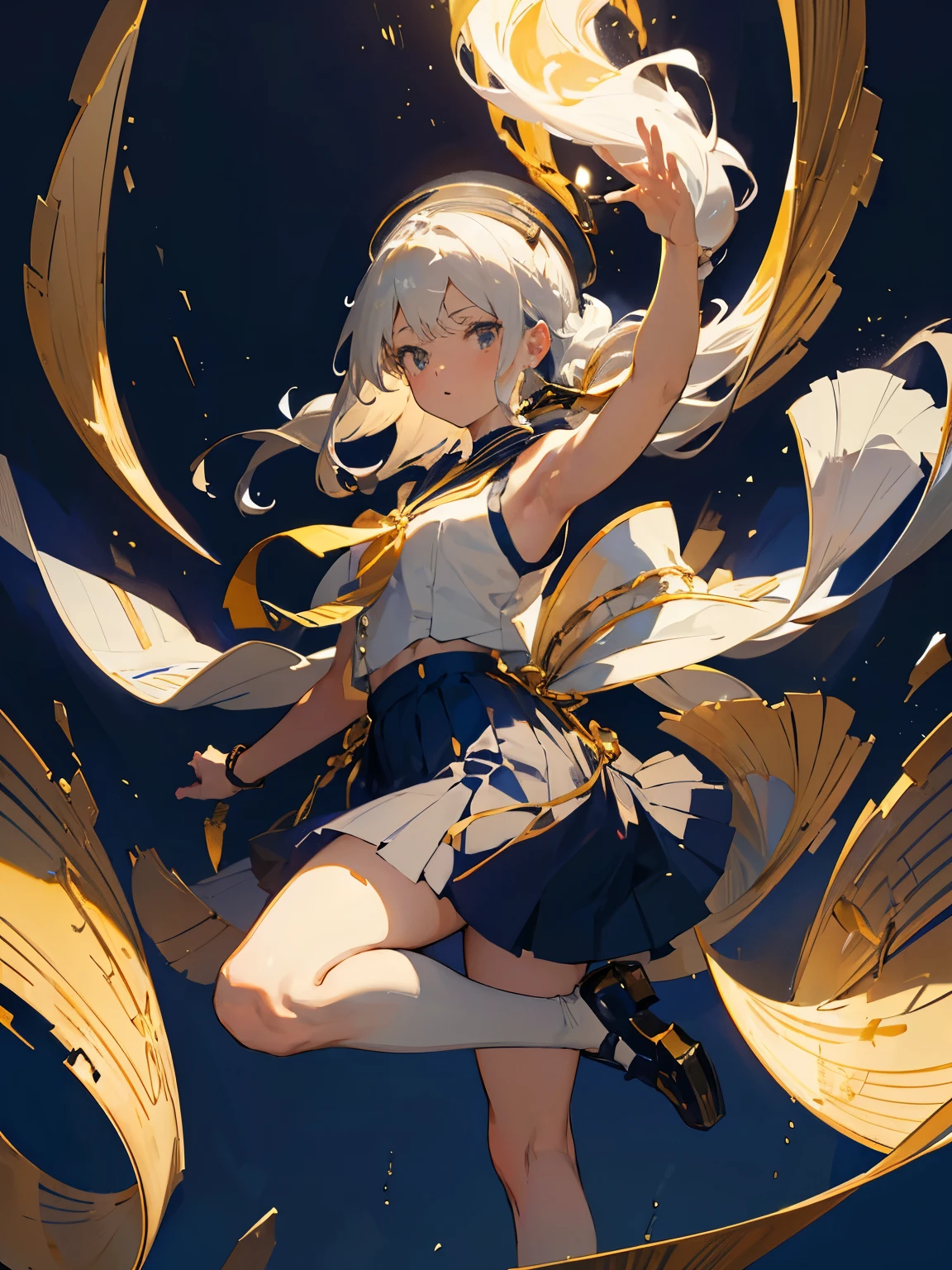 Portrait of a girl with long silver hair、Sleeveless, high-collar white button-front shirt、Navy cameo ribbon tie with gold trim、A dark blue cameo with a golden border and a silhouette of a white lady.、Navy blue high-waisted flared miniskirt with bustier、panniers、drawers、white over knee socks、black-skinned