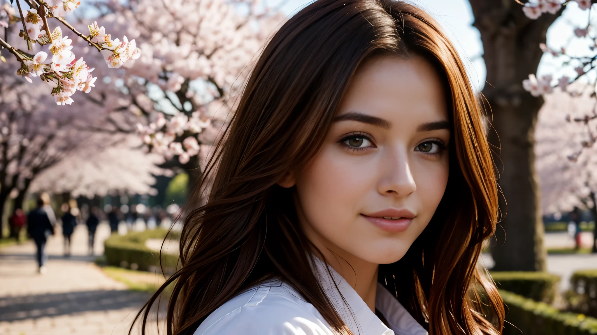 masterpiece, Best Quality, Photorealistic, Ultra-detailed, finely detailed, High resolution, 8K Wallpaper, 1 beautiful woman, light brown hair, sharp focus, Perfect dynamic composition, Beautiful detailed eyes, detailed hairs, Detailed realistic skin texture, Smiling, portrait, Model body type, Take a walk in the park with cherry blossoms and Eiffel Tower background,