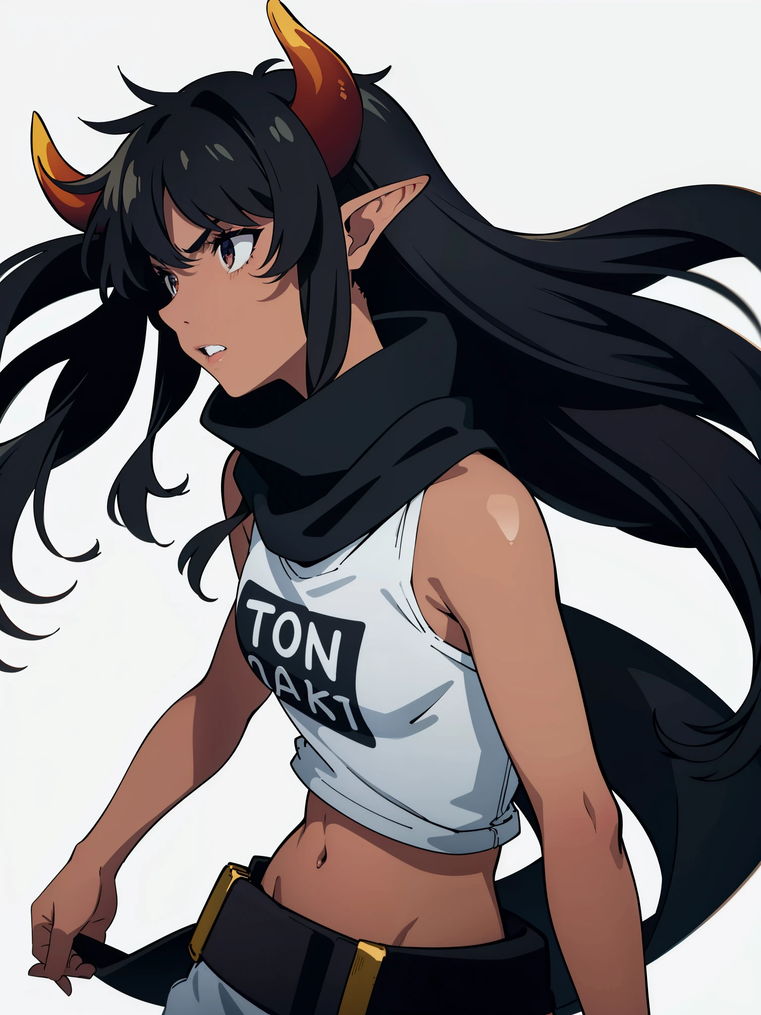 1girl,20 years,solo,mature female,((dark skin)),long hair,black hair,elf ears,(horns),black scarf,(((white background))),black tank top,angry,profile,bare belly,upper body,solo