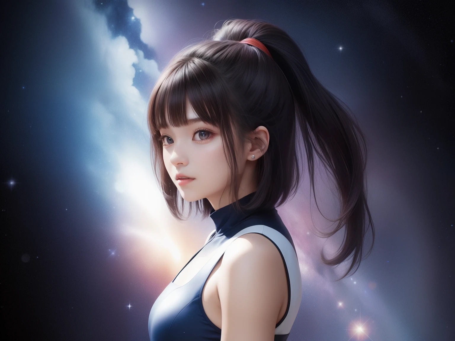 The girl's hair is turning into a starry sky,The girls' clothes blend into the galaxy.