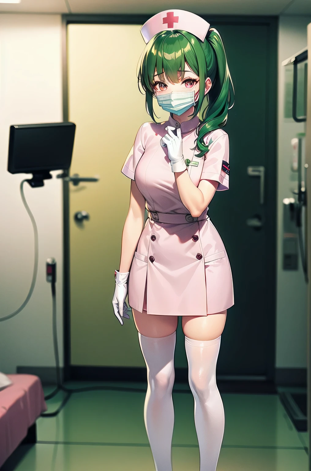 1girl, solo, nurse, nurse cap, white nurse uniform, ((white legwear, zettai ryouiki)), white gloves, ponytail, green hair, pink eyes, smile, standing, ((hospital room)), sharp outline, short sleeves, best quality, masterpiece