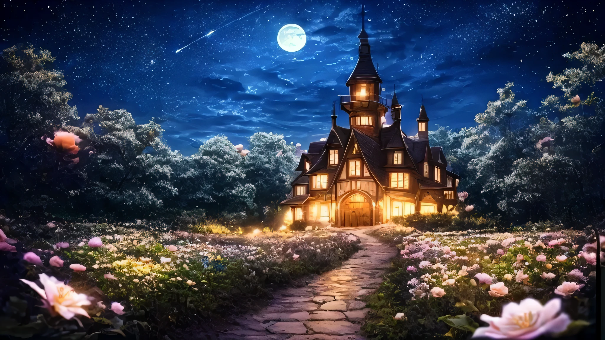 Night sky with stars, flowers, And the road to the moon, Flower garden at night, so magical and dreamy, night sky full of flowers, a dream-like scene, magic flower, dreamy night, 幻想的なdreamy atmosphere, dreamy atmosphere, moonlit night dreamy atmosphere, Moonlight illuminating the wildflowers, fantastic flower garden, magical atmosphere, dreamy art, magic fairy background