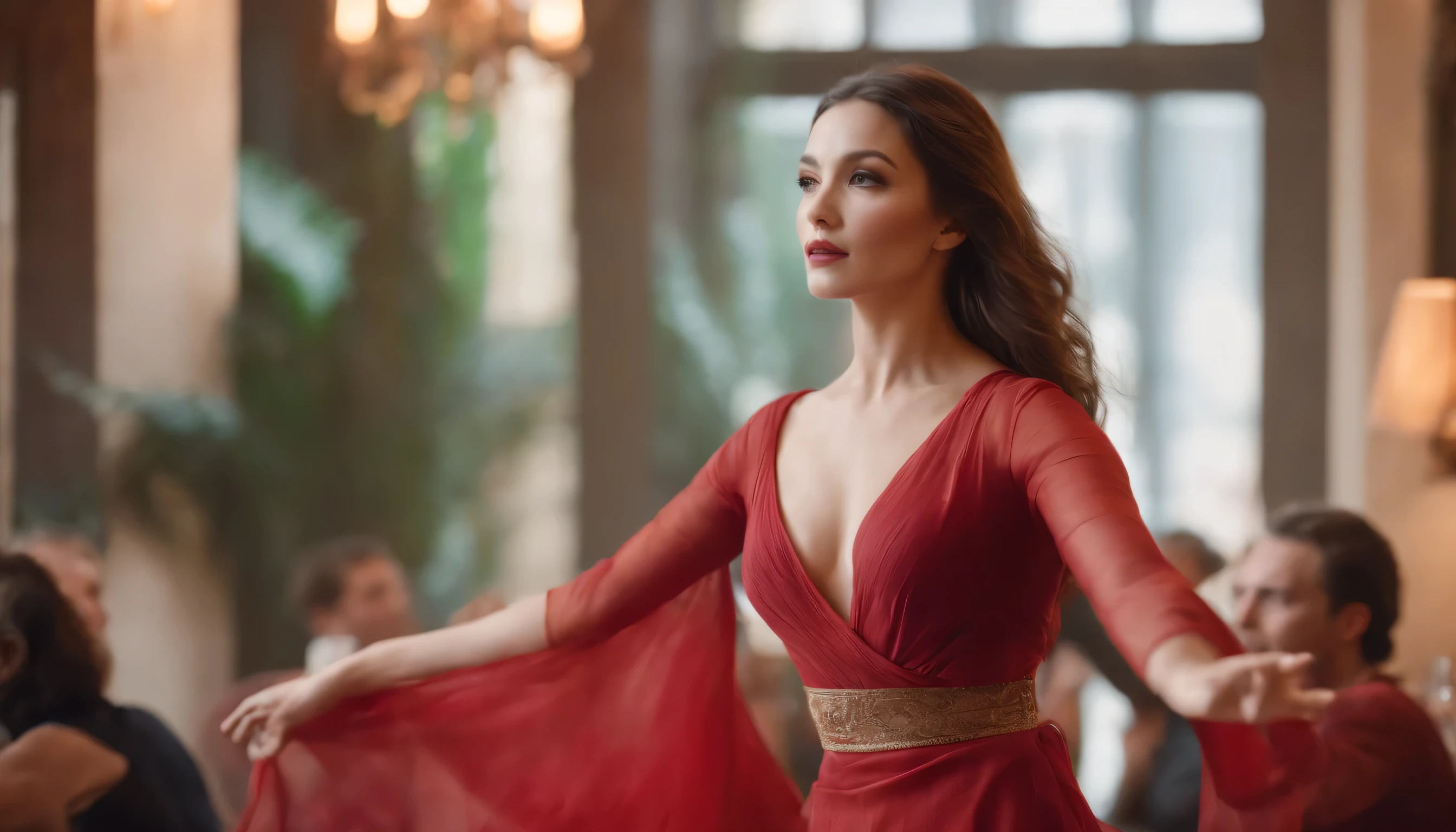 Une belle danseuse orientale qui dance dans un restaurant , chefs de magasins,look audacieux et majestueux , sexy , jolie ,realistic , robe rouge , jolie visage