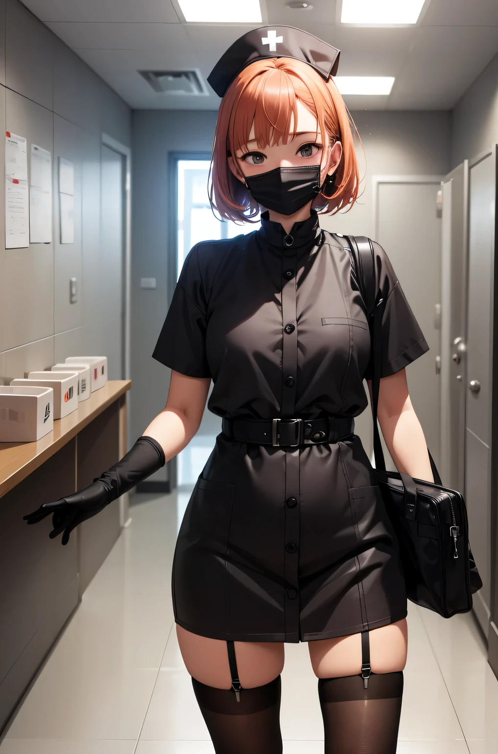black nurse, 1 girl, alone, black nurse cap, Blackware, ((black legwear, zettai ryouiki)), black elbow gloves, very short hair, orange hair, ((black surgical mask, covered nose)), Are standing, ((operating room)), sharp outline, short sleeve, Tomboy, boyish, highest quality, masterpiece