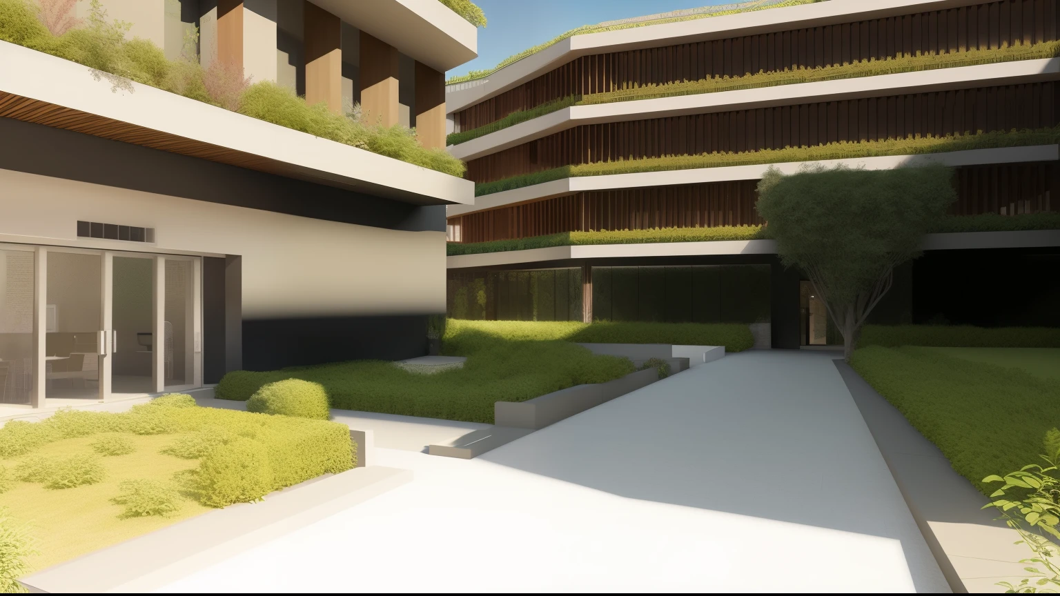 arafed courtyard with a walkway and a walkway leading to a building, architectural rendering, luminous rendering, architectural visualization, grande angular exterior 2022, architectural rendering, architectural visualization, luminous renderinging, landscape rendering, professional rendering, low angle dimetric rendering, architectural 3D rendering, green terrace, renderizado no lumion pro, intermediate vision