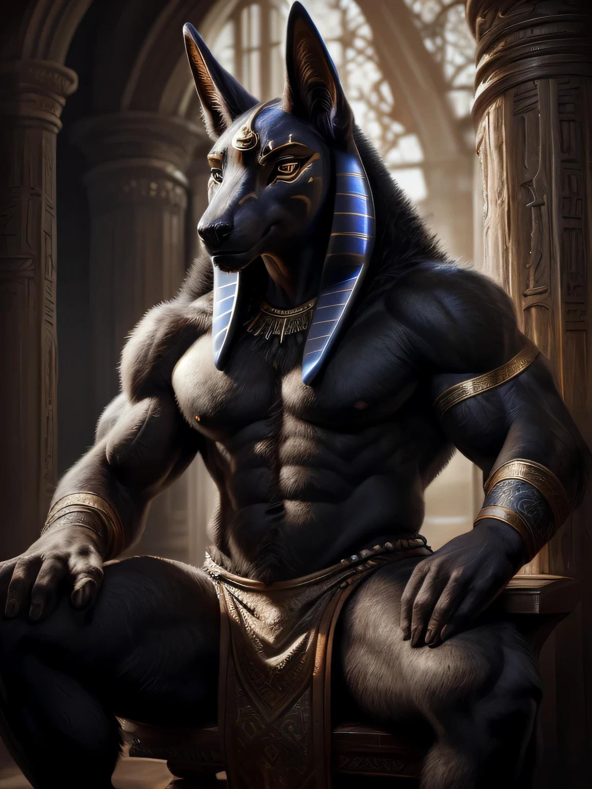 ((actual)), Upload to e621, by Garmash,Ruan Jia, black gem, Humanity, male, ((( Fine fluffy fur))), ((sitting)), detailed actual painting, (((biceps))), (((shadow))) Extreme details, ((Anubis)), loincloth, black body