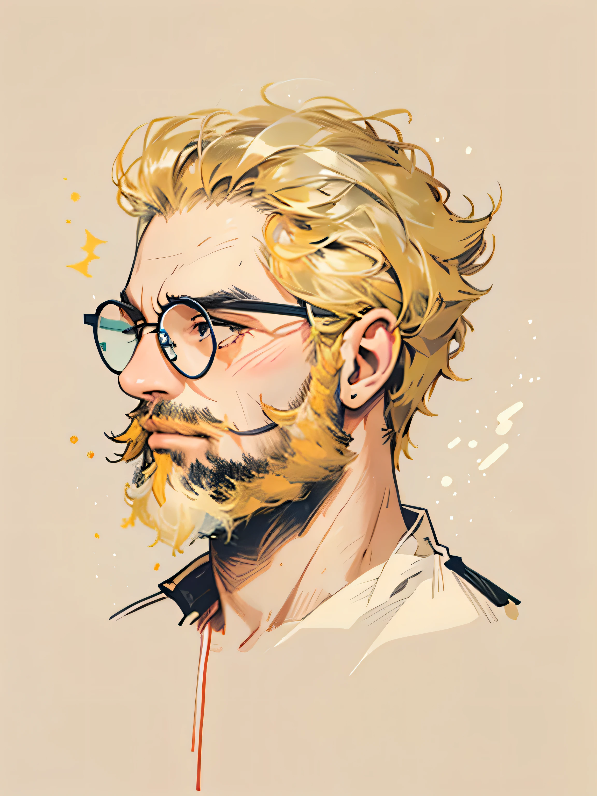 logo minimalist, 1 cara, Sozinho, cabelo curto loiro penteado para cima, fundo preto, medium length curly beard, clear gold vision glasses, e um bigode curvado