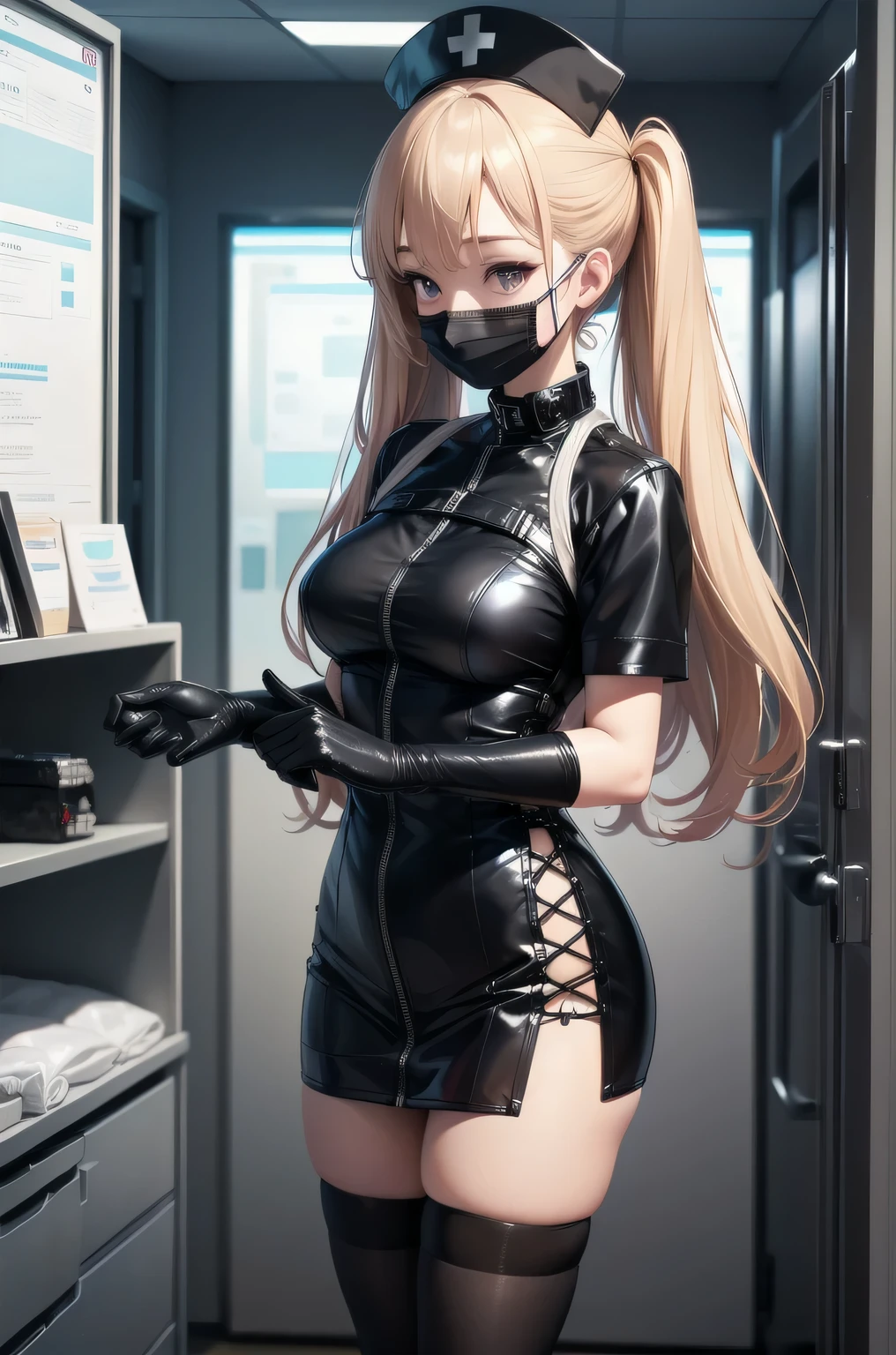 black nurse, 1 girl, alone, black nurse cap, Blackware, ((black legwear, zettai ryouiki)), black elbow gloves, twin tails, yellow hair, purple eyes, ((black surgical mask, covered nose)), Are standing, ((operating room)), sharp outline, short sleeve, highest quality, masterpiece