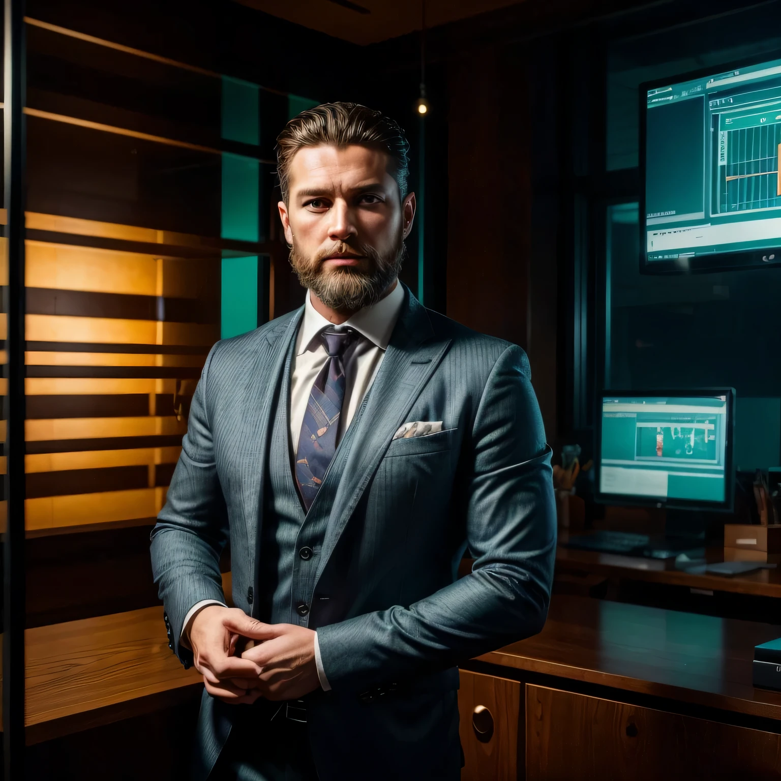 (best quality,4k,8k,highres,masterpiece:1.2),ultra-detailed,(realistic,photorealistic,photo-realistic:1.37),man in his 30s,crypto currency enthusiast,crypto mining expert,American man with white appearance,sharp facial features,charismatic expression,piercing blue eyes,detailed beard and mustache,attentively looking at the camera,bespoke suit with a neatly tied tie,engrossed in his work,high-tech computer setup with multiple monitors,advanced mining equipment,stacks of golden Bitcoins symbolizing wealth and success,vibrant green binary code streaming around him,modern office with sleek furniture and glass walls,up-to-date trending news about cryptocurrencies displayed on screens,wall decorated with inspirational quotes about blockchain technology,glowing neon sign saying "Crypto Master" hanging above his desk,Renaissance-style oil painting in the background highlighting his passion for art and culture,vivid colors to enhance the overall visual impact of the image,subtle warm color tone to create a welcoming and inviting atmosphere,natural daylight streaming through the windows,casting a soft glow on the scene.