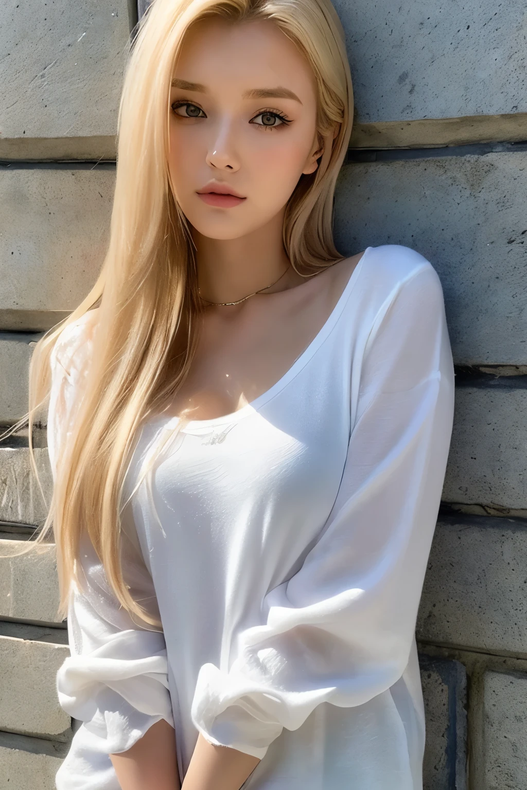 (Just a 21-year-old girl from Czech Republic: 1.3), (Realistic depiction: 1.2), (Subtle makeup: 1.2), (Casual outfit: 1.3), Long Blonde Hair, Slender Figure, (Gentle lighting: 1.1), (Close-up: 1.2), (Elegant neckline: 1.1), (Leaning against a wall: 1.3), (Sweet expression: 1.1).