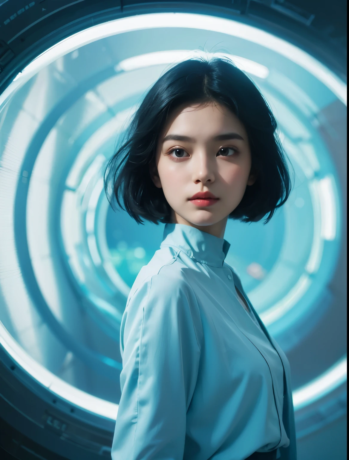 A beautiful woman wearing modern clothes in light blue tones. Black hair. The woman looks over her shoulder at the camera as she prepares to enter the wormhole. 8K image quality.