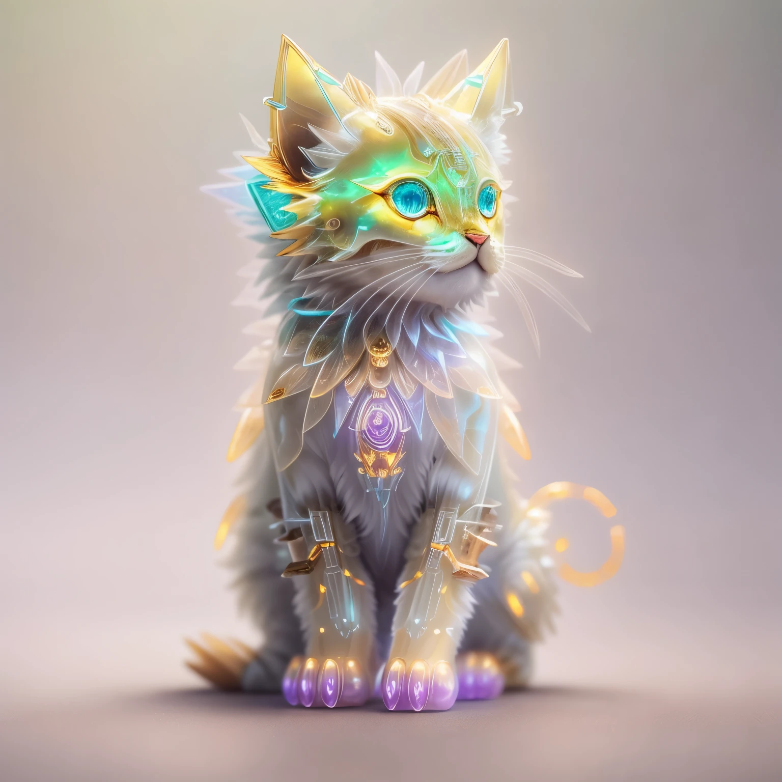 transparent Mechanical cat,(Translucent skin: 1.5), (translucent body: 1.5) ,Cyberpunk, Dreamy Glow, Luminous neon lamp, ( Global illumination, raytracing, HDR, unreal render,reasonable design, high detailed, masterpiece, best quality, UHD, Cinematic Lighting), mecha musume