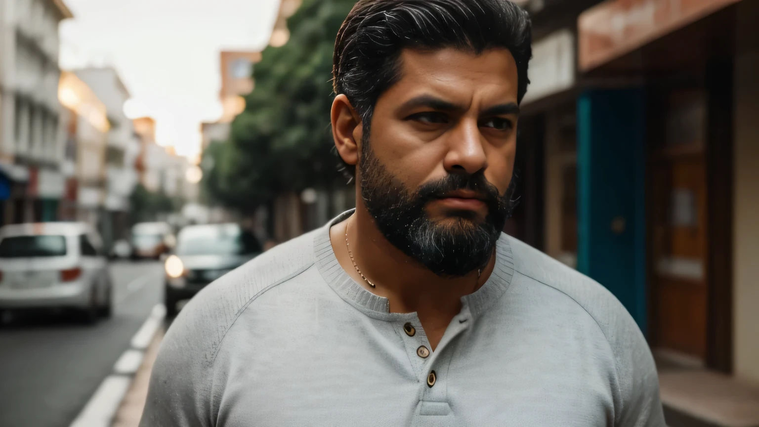 a man in his 50s, Fabián is of medium build., cabello rapado, barba de varios dias, and eyes full of worry. Wear comfortable and casual clothing., possibly a sweater. Su mirada se pierde, reflejando ansiedad y miedo ante el futuro incierto.