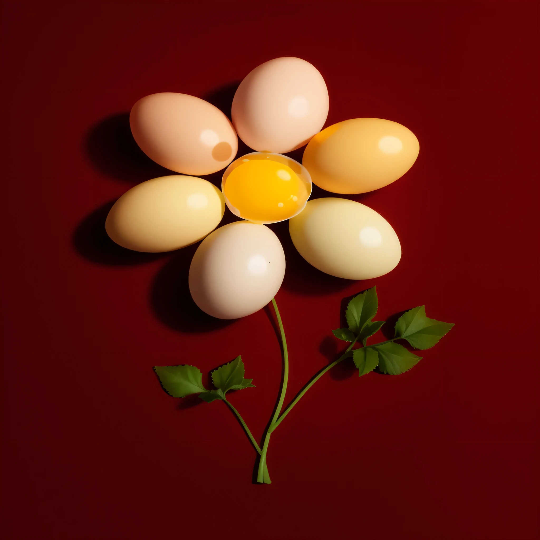 there is a flower made of eggs and a leaf on a red surface, eggs, by Jan Rustem, egg yolk, an egg, inspired by Robert Mapplethorpe, inspired by Leo Leuppi, in style of robert mapplethorpe, translucent eggs, by Dietmar Damerau, head is an egg, by Alison Geissler