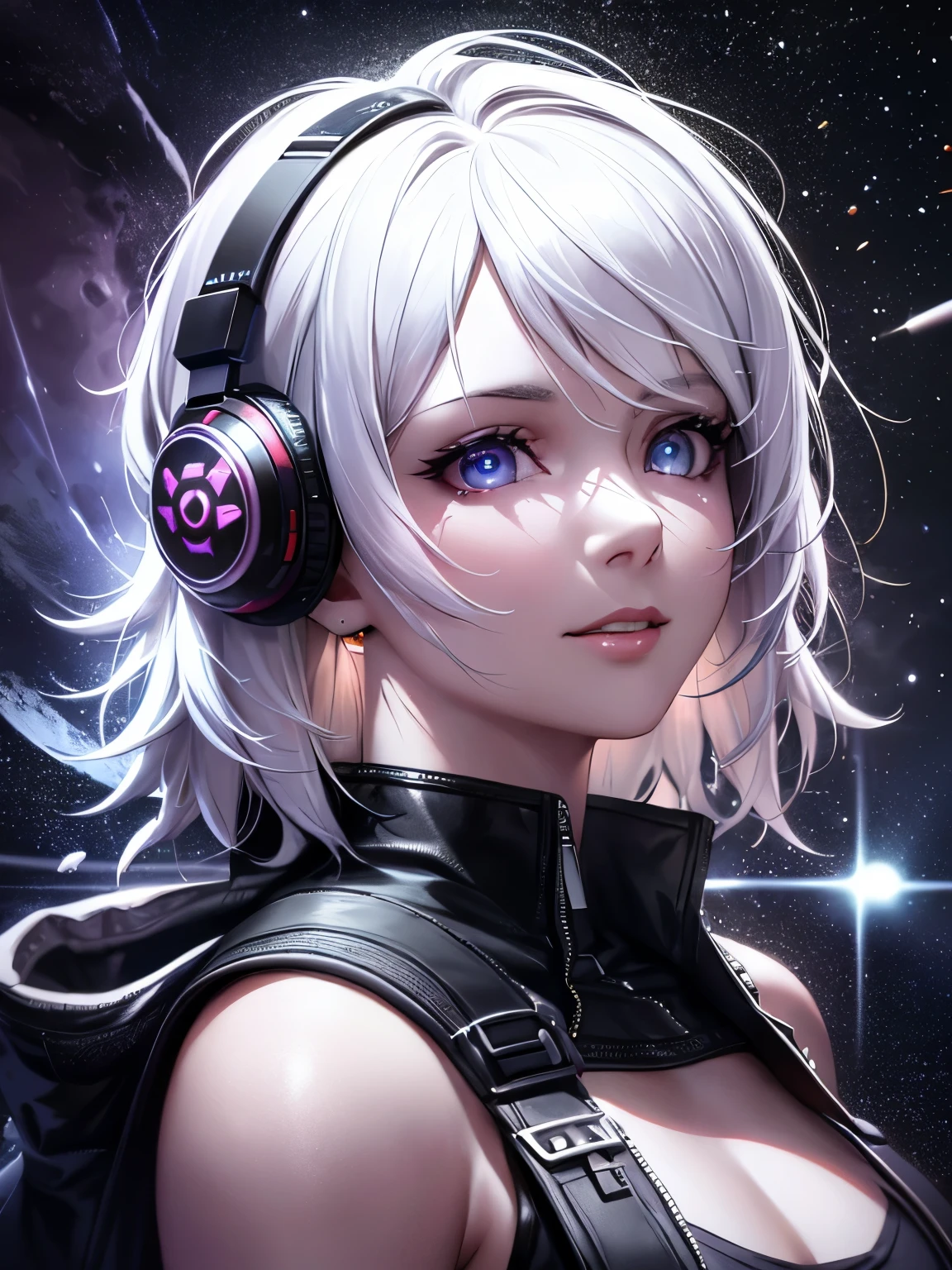 (on the moon, space, looking back into earth), white hair, black tank top, volumetric lighting, white jacket, glowing headphone, cyberpunk, futuristic, multi-color eyes, detailed eyes, hyper detailed,light smile,highly detailed, beautiful, small details, ultra detailed, best quality, intricate, hyperrealism, sharp, digital illustration, detailed, realism, intricate, 4k, 8k, trending on artstation, good anatomy, beautiful lighting, award-winning, photorealistic, realistic shadows, realistic lighting, beautiful lighting, raytracing, intricate details, moody, rule of thirds, masterpiece, (illustration:1.1), highres, (extremely detailed CG, unity, 8k wallpaper:1.1), beautiful face, highly detailed face,  ultra realistic, masterpiece, bokeh, extremely detailed, intricate, zoomout,

colorful, vibrant colors, red nail polish, side view,