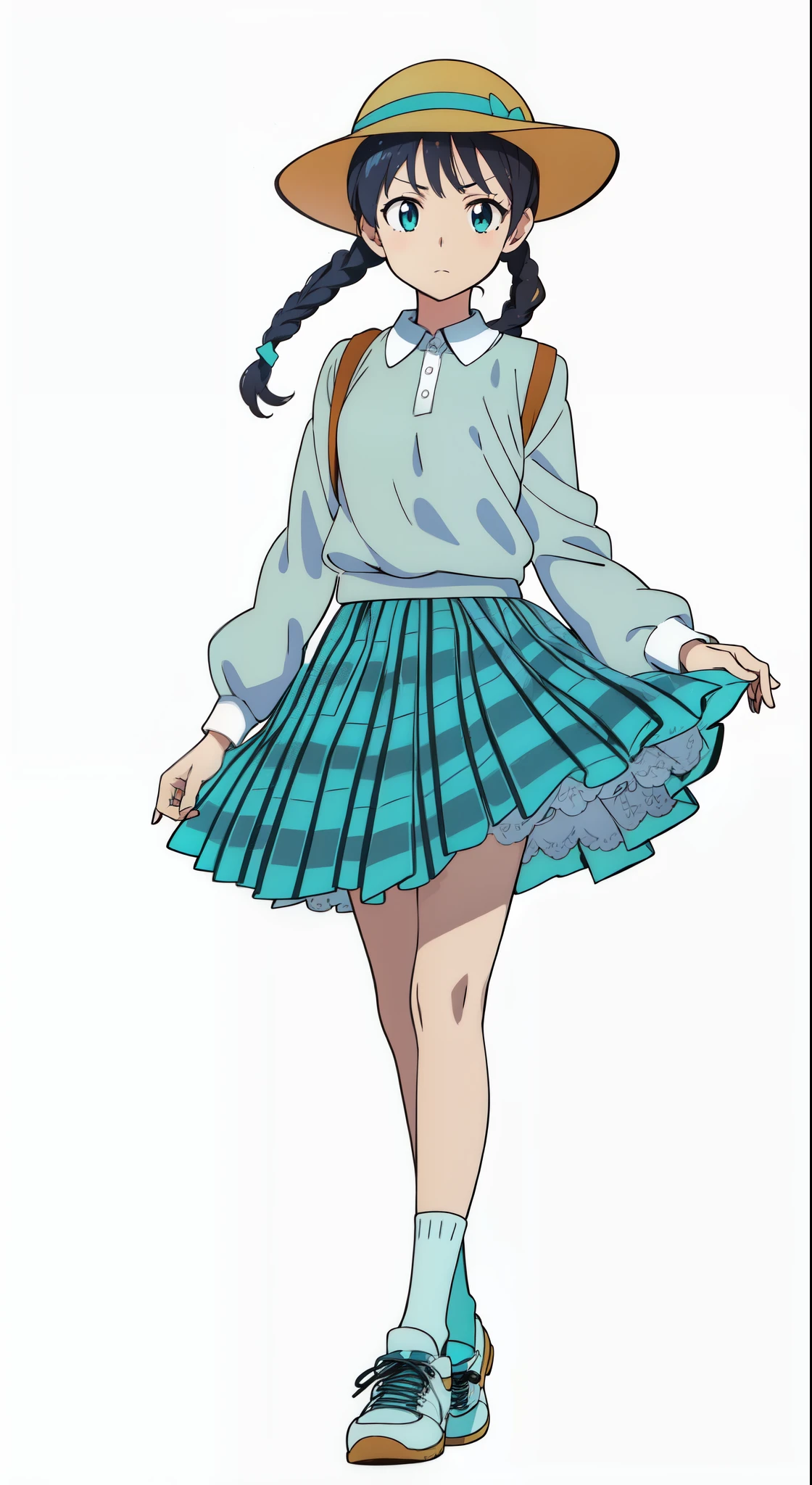 (detailed white petticoat:1.0), (white background:1.0), (best quality:1.0), (masterpiece:1.0), (super fine illustration:1.0), (beautiful artwork:1.0), (anime screencap:1.0), (official art:1.0), (full body:1.0), (solo:1.0), (ESGA:1.0), (a 12yo cute girl:1.25), (yellow hat:1.25), (red backpack:1.0), (long skirt:1.0), (green tartan skirt:1.0), (pleated skirt:1.0), (aqua blue polo shirt:1.0), (long sleeve polo shirt:1.0), (sneakers:1.0), (white socks:1.25), (ideal ratio body proportions:1.25), (lanky:1.25), (tall:1.25), (slender:1.25), (small breasts:1.25), (smaller face:1.25), (tareme:1.5), (detailed beautiful eyes:1.5), (detailed beautiful face:1.5), (glowing black eyes:1.1), (short hair:1.0), (twin braids:1.5), (black hair:1.0), (looking at viewer:1.0)
