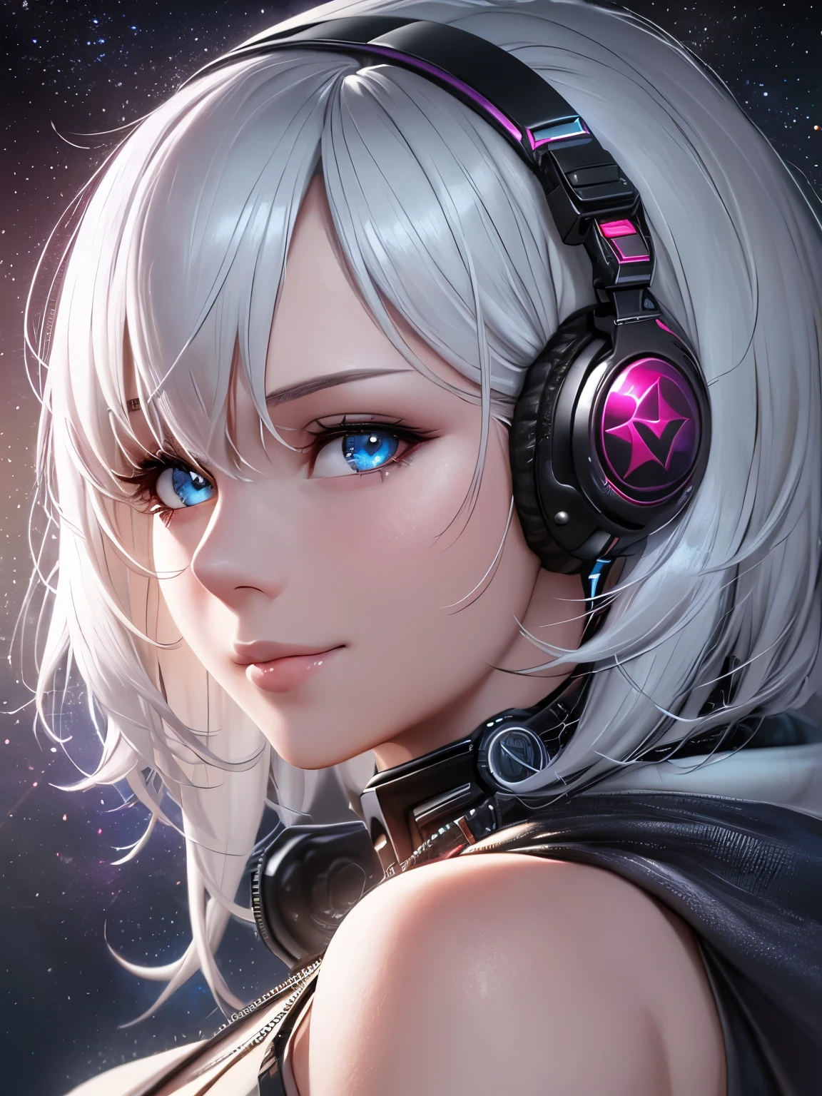 (on the moon, space, looking back into earth), white hair, black tank top, volumetric lighting, white jacket, glowing headphone, cyberpunk, futuristic, multi-color eyes, detailed eyes, hyper detailed,light smile,highly detailed, beautiful, small details, ultra detailed, best quality, intricate, hyperrealism, sharp, digital illustration, detailed, realism, intricate, 4k, 8k, trending on artstation, good anatomy, beautiful lighting, award-winning, photorealistic, realistic shadows, realistic lighting, beautiful lighting, raytracing, intricate details, moody, rule of thirds, masterpiece, (illustration:1.1), highres, (extremely detailed CG, unity, 8k wallpaper:1.1), beautiful face, highly detailed face, ultra realistic, masterpiece, bokeh, extremely detailed, intricate, zoomout,
colorful, vibrant colors, red nail polish, side view,