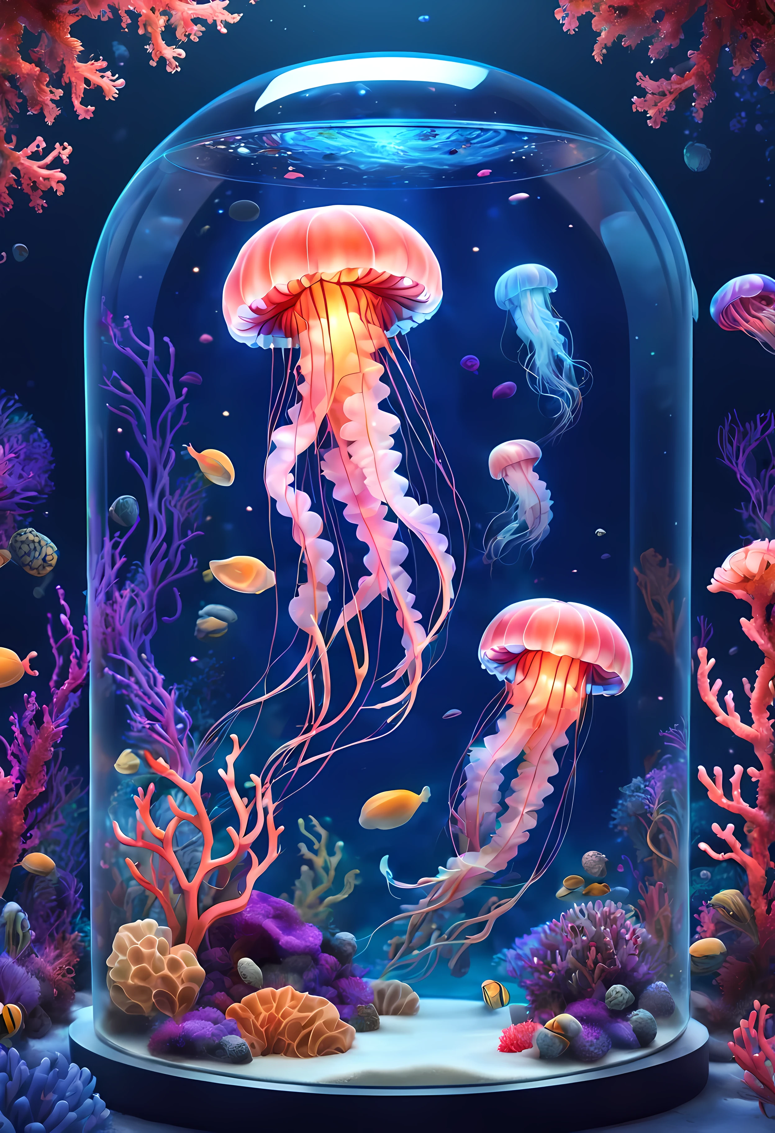 (cute cartoon style:1.4), masterpiece in maximum 16K resolution, design a enchanting scene featuring majestic jellyfish gracefully floating inside a round aquarium, surrounded by vibrant coral reefs and exotic underwater flora, against the backdrop of abstract blend of cosmic colors and swirling patterns, evoking a sense of mystery and wonder. | ((More_Detail))