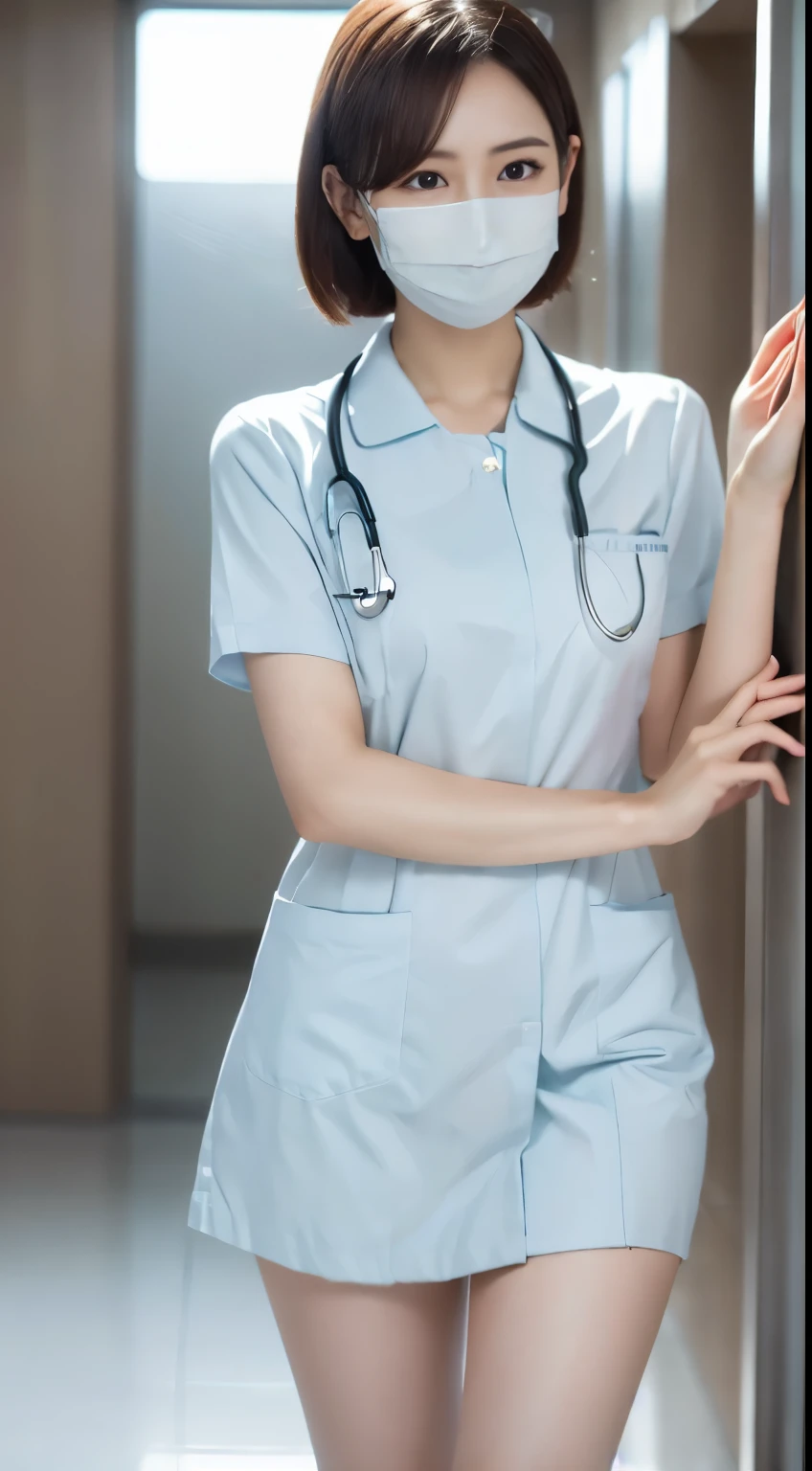 Photorealistic beautiful nurse、amazingly beautiful、((nurse uniform、nurse cap))、(highest quality、8k、32K、masterpiece、nffsw:1.3)、ultra high resolution,(Photoreal:1.4),RAW photo, detailed face,,beautiful hair,medical mask、 (((white mask))),very short hair 、nipple、 natural makeup,, small perfect breasts、(walk through the hospital lobby), detailed background, perfect lighting, Depth of written boundary, beautiful shadow gradation,((doctor stethoscope)) ,、thin limbs、thin thighs、(whole body)、backwards、
