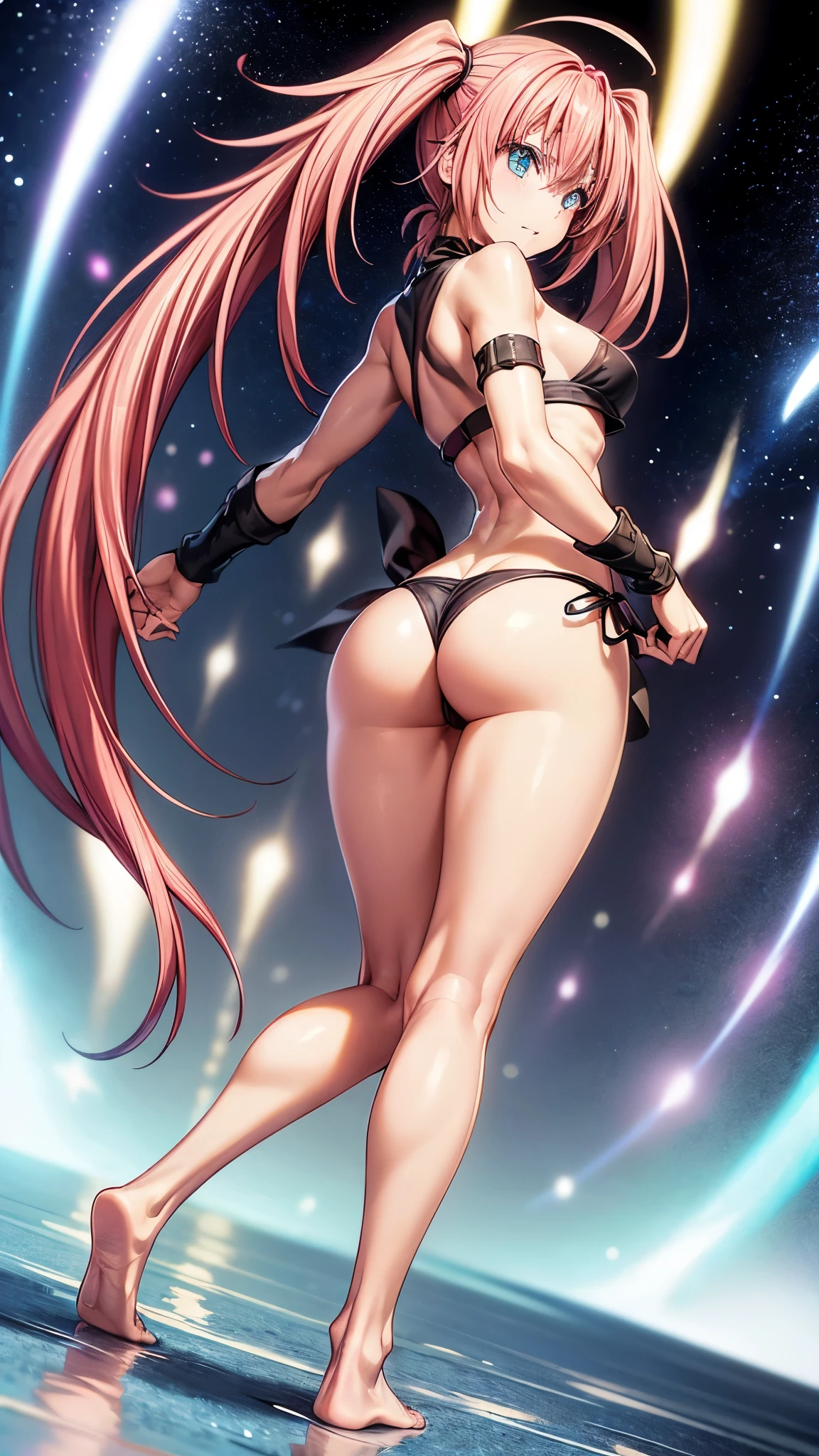 1 girl, (medium breasts))), (((wearing short bikini))), (Long pink hair), (((blue eyes))), thin arms, (on the beach at night with starry sky and full moon blood), (thin waist), (((muscular leguscular belly, barefoot, (((showing me his big ass))), (full body photo), (twintails), long eyes, eye reflex , Bad mood, anime, anime style, ray tracing, reflection, drop shadow, panorama, Sony FE, 8K, UDisk, artwork, Accurate, anatomically correct, Super detail, best quality, ultra-high resolution, Hard drive, 16K